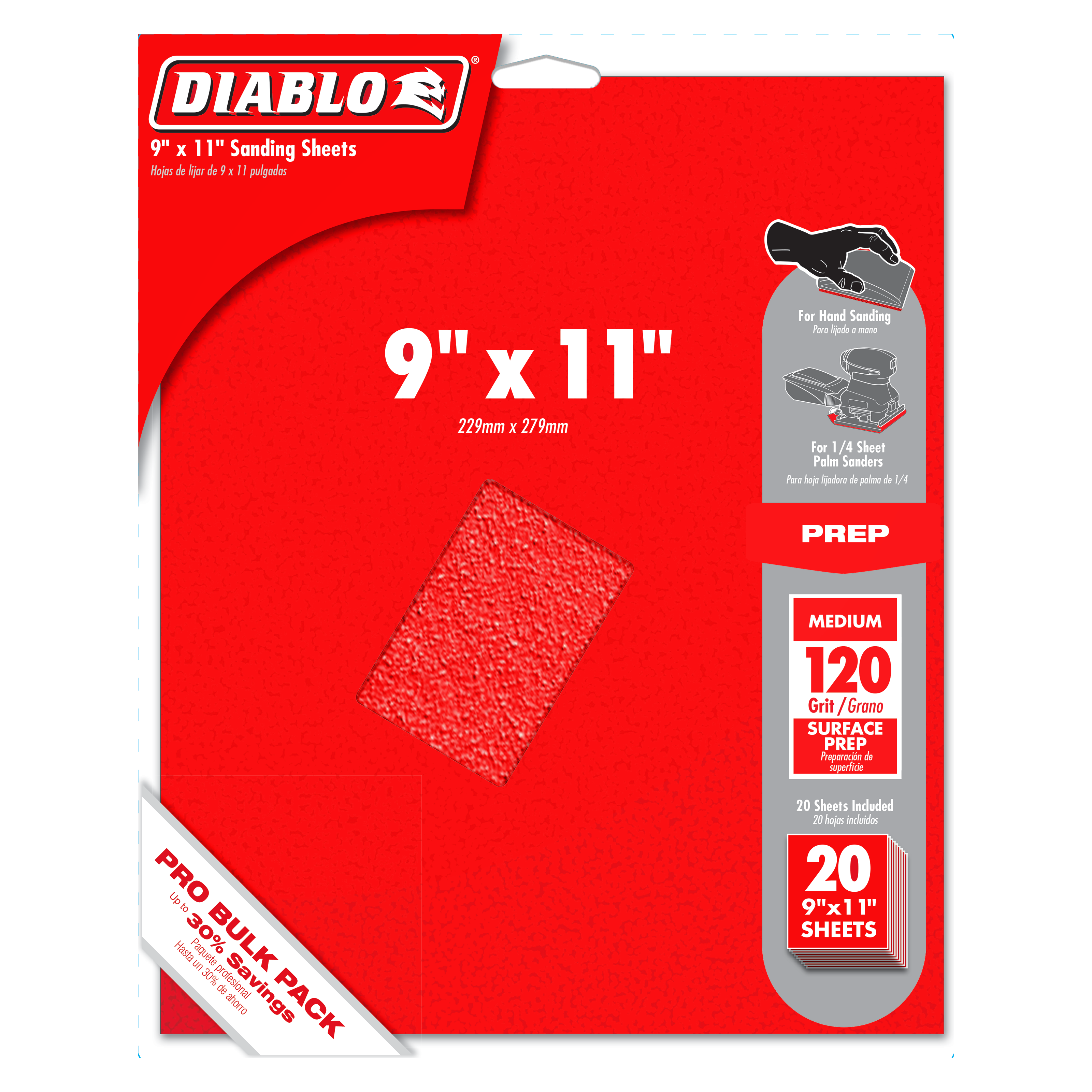 Red packaging for Diablo 9" x 11" medium-grit sanding sheets with visible textured sanding sheet sample and product specifica