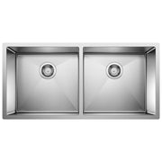 Stainless steel double bowl undermount sink with two equal-sized basins and drain strainers, viewed from above.
