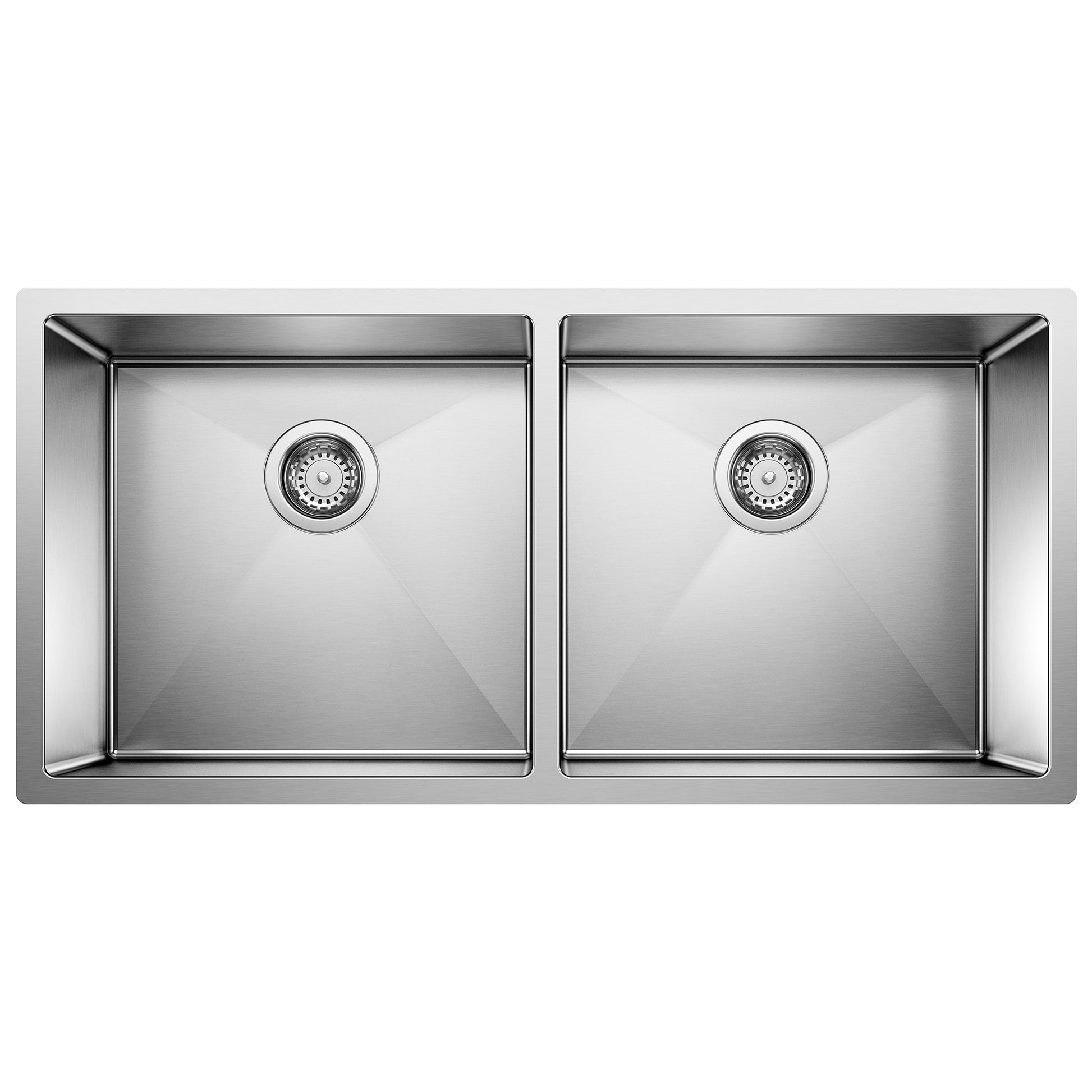 Stainless steel double bowl undermount sink with two equal-sized basins and drain strainers, viewed from above.