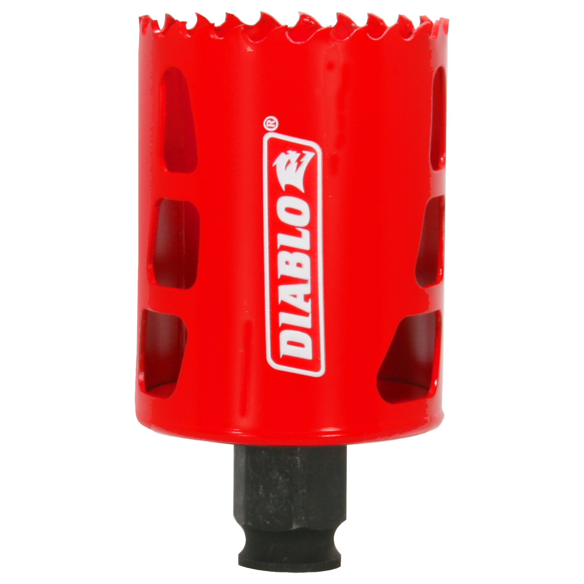 Red cylindrical hole saw with serrated cutting edge and black shank, Diablo brand marking visible.