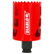 Red cylindrical hole saw with serrated cutting edge, Diablo branding, and black shank attachment.
