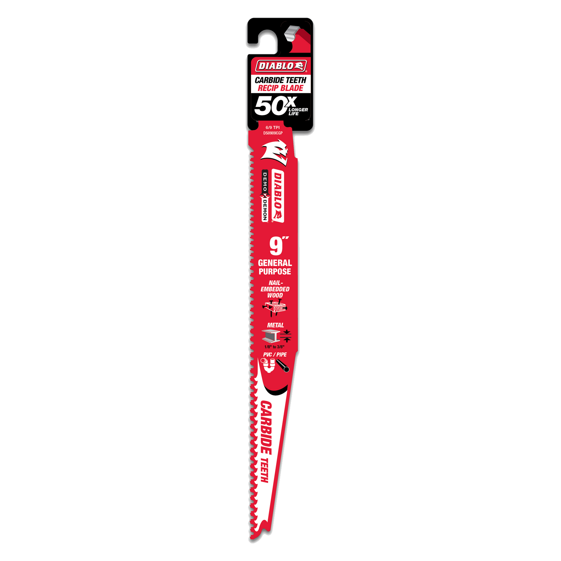 Diablo 9-inch red reciprocating saw blade with carbide teeth and black plastic hook attachment on packaging card.