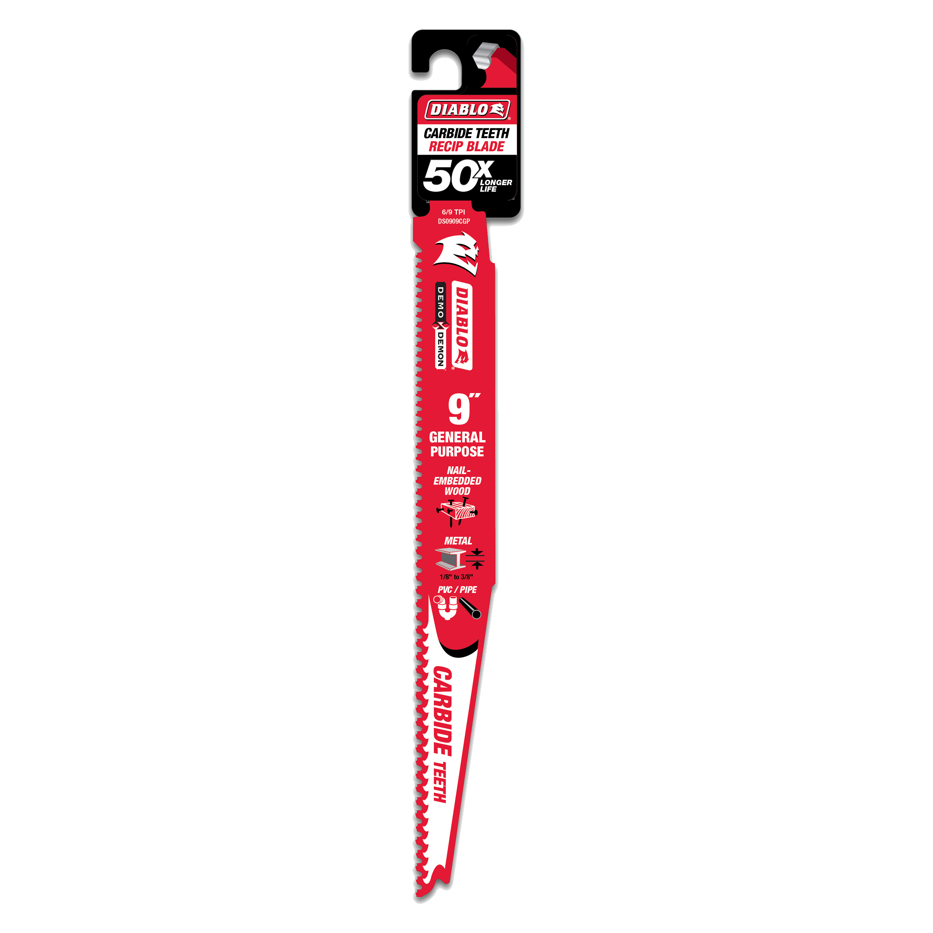 Diablo 9-inch red reciprocating saw blade with carbide teeth and black plastic hook attachment on packaging card.