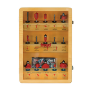 Freud 90-100 15-piece router bit set in wooden case with red and black bits arranged in three rows.