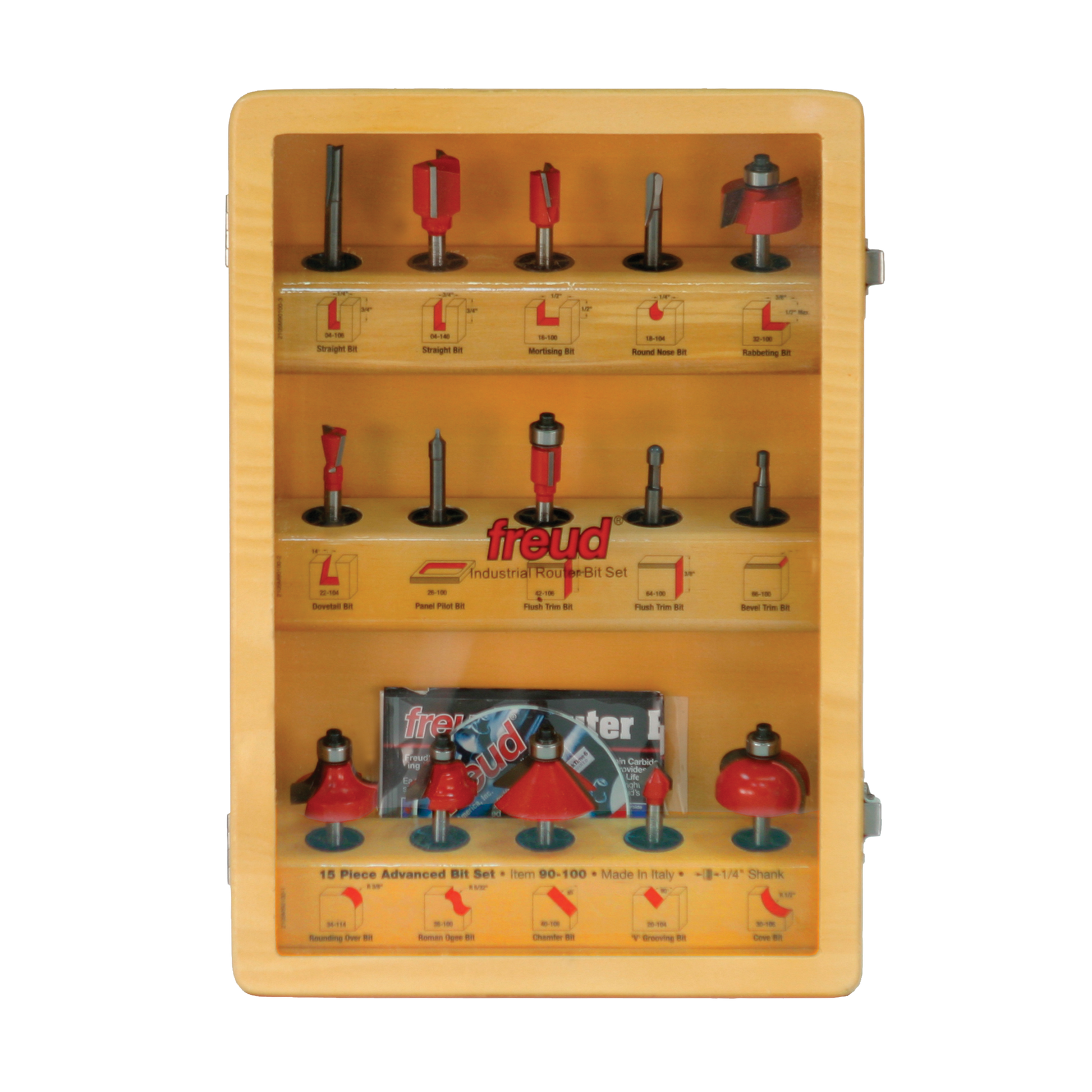 Freud 90-100 15-piece router bit set in wooden case with red and black bits arranged in three rows.