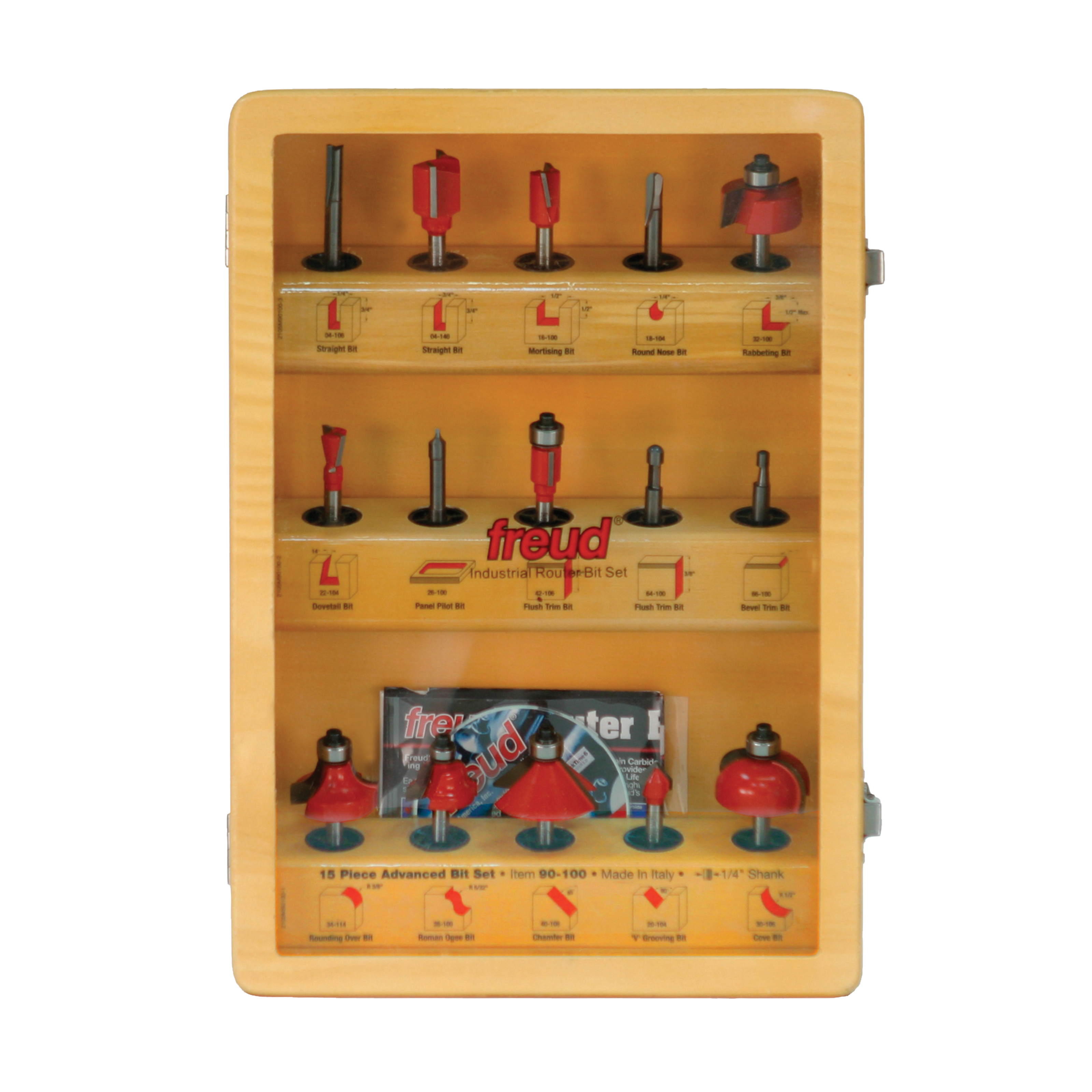 Freud 90-100 15-piece router bit set in wooden case with red and black bits arranged in three rows.