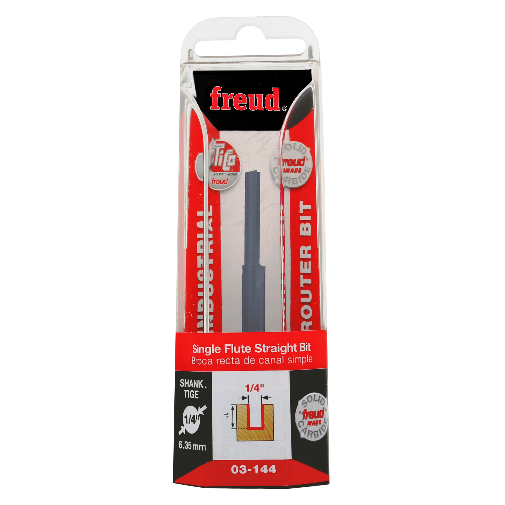 Freud 03-144 single flute straight router bit with 1/4" diameter in clear plastic blister packaging.