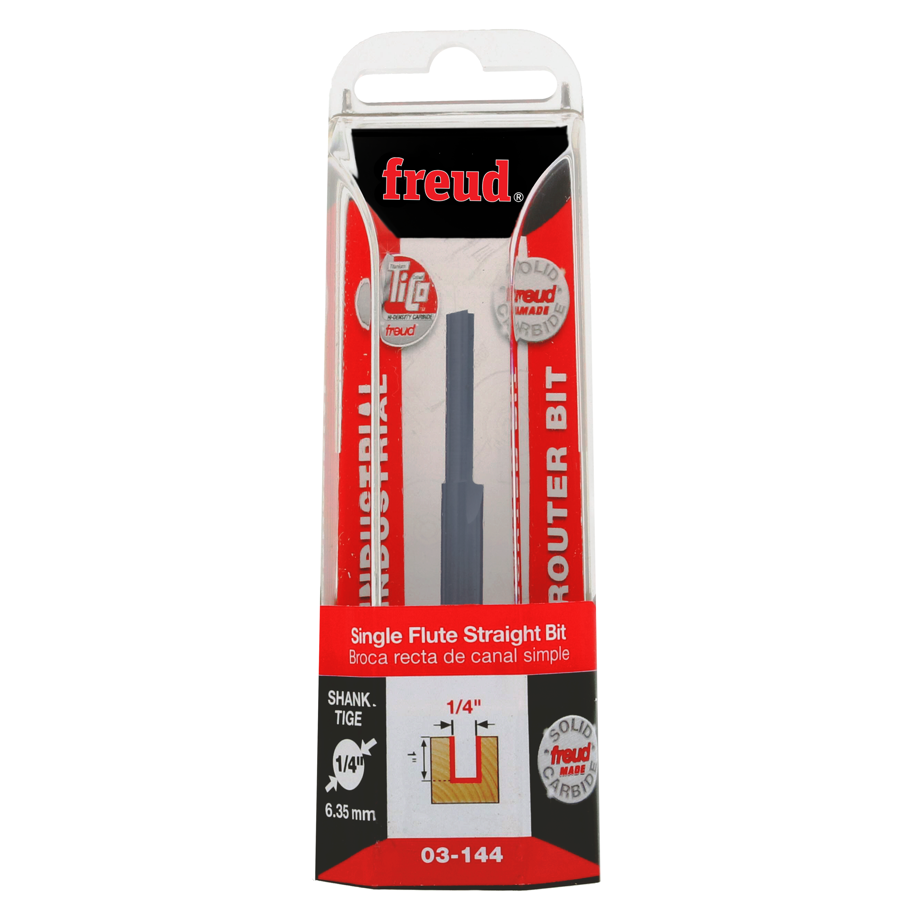 Freud 03-144 single flute straight router bit with 1/4" diameter in clear plastic blister packaging.