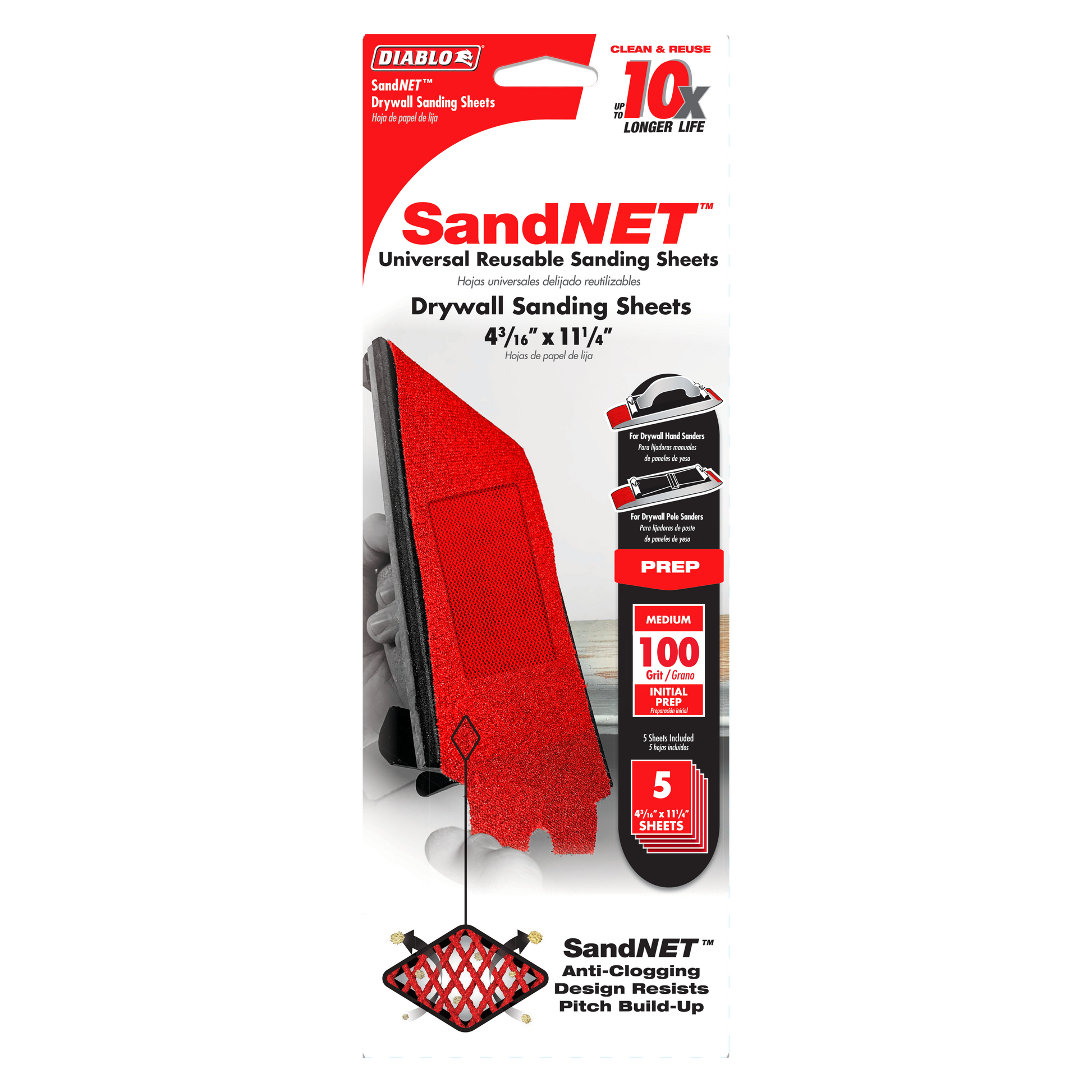 Red drywall sanding sheets with mesh surface in 100-grit medium grade, sized 4-3/16 by 11-1/4 inches, five-piece pack.