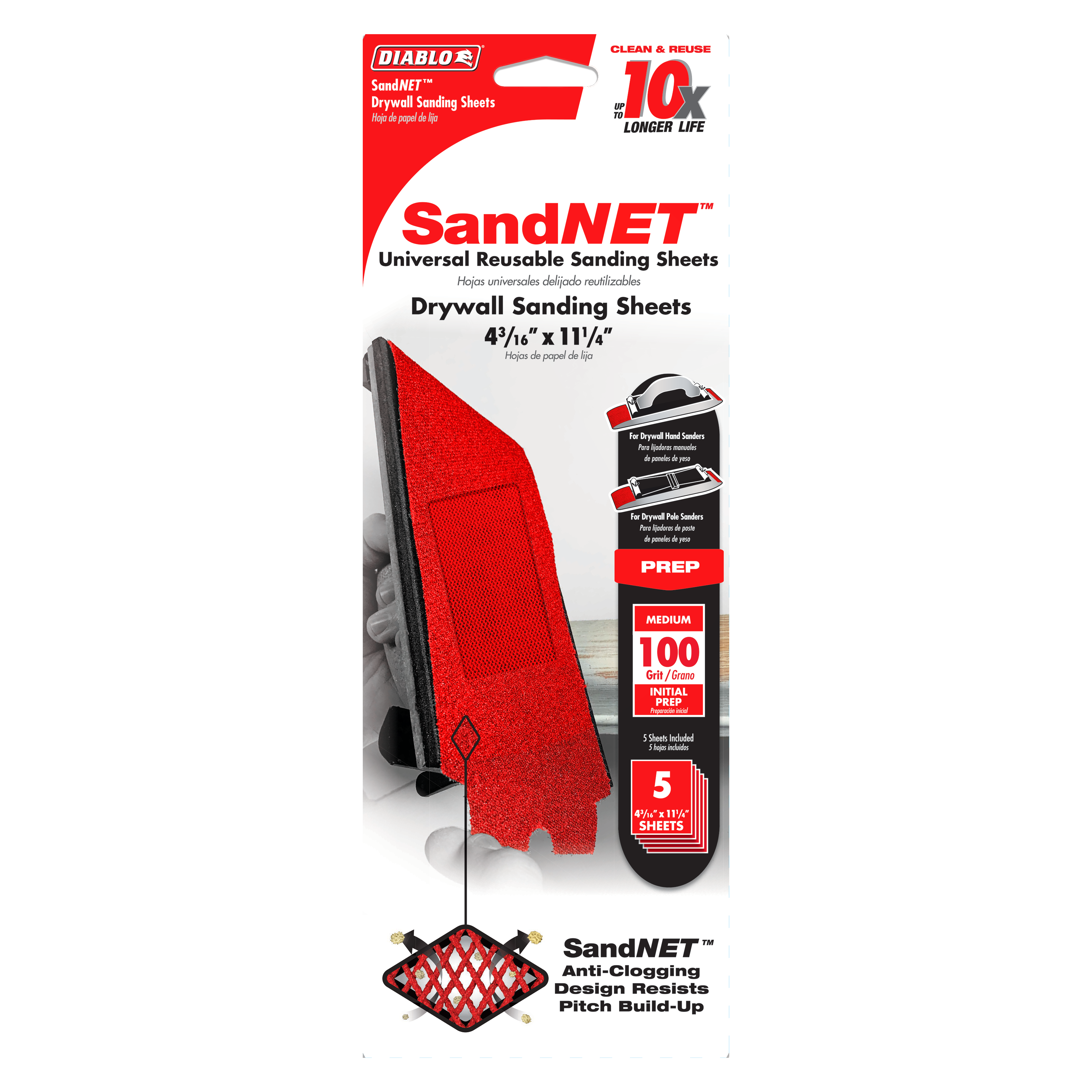 Red drywall sanding sheets with mesh surface in 100-grit medium grade, sized 4-3/16 by 11-1/4 inches, five-piece pack.