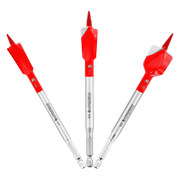 Three red and silver spade bits with serrated tips and hex shanks arranged in a fan pattern.