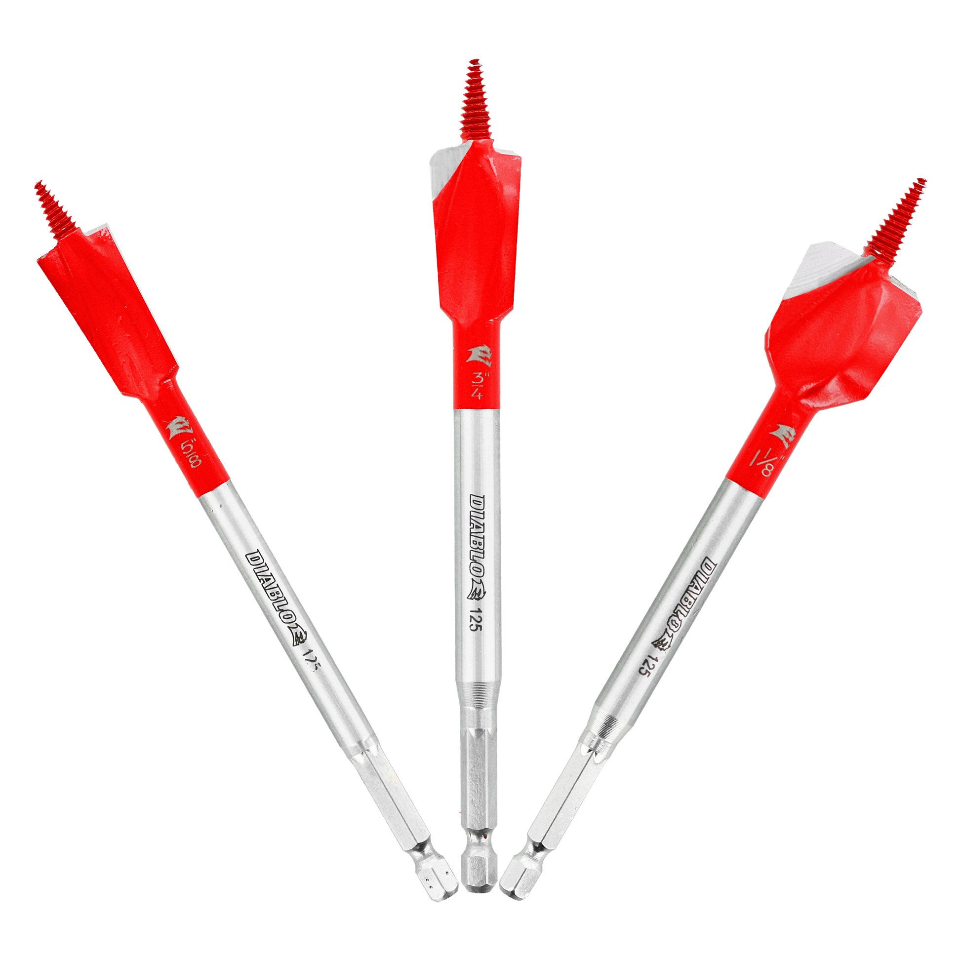 Three red and silver spade bits with serrated tips and hex shanks arranged in a fan pattern.