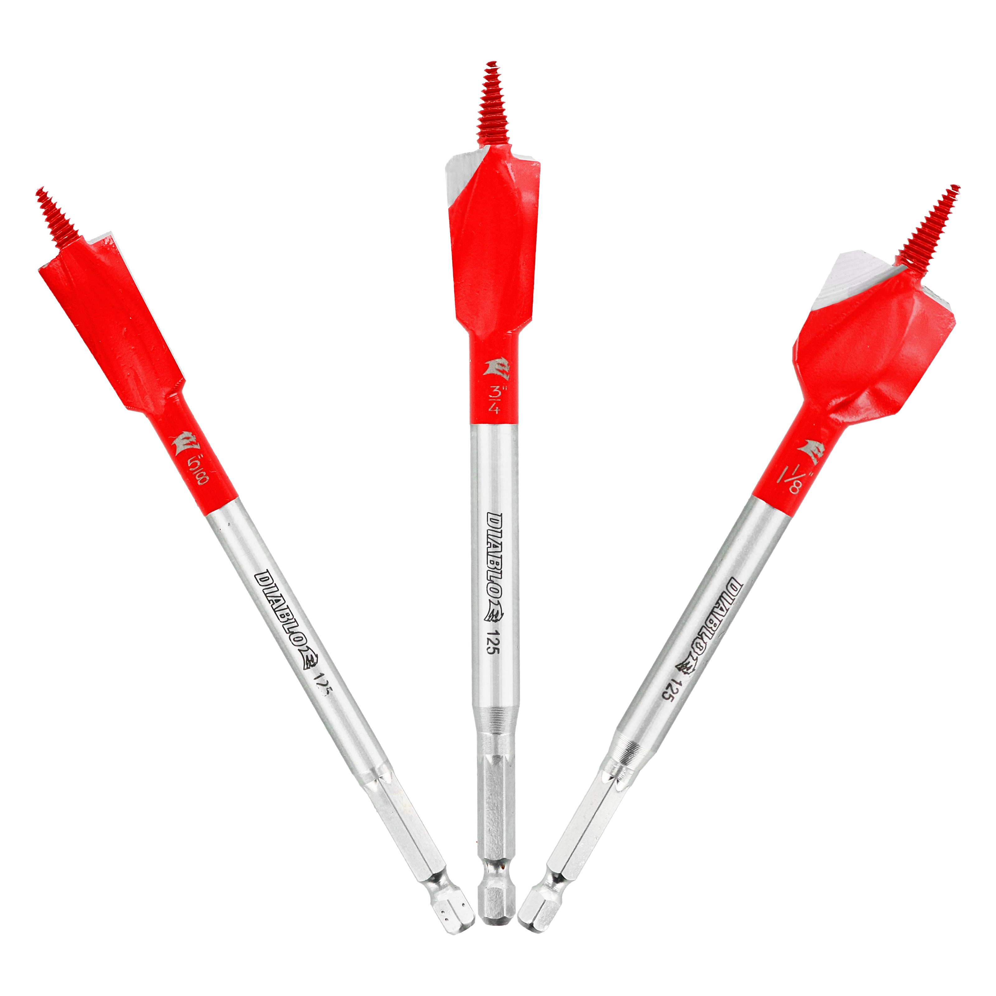 Three red and silver spade bits with serrated tips and hex shanks arranged in a fan pattern.