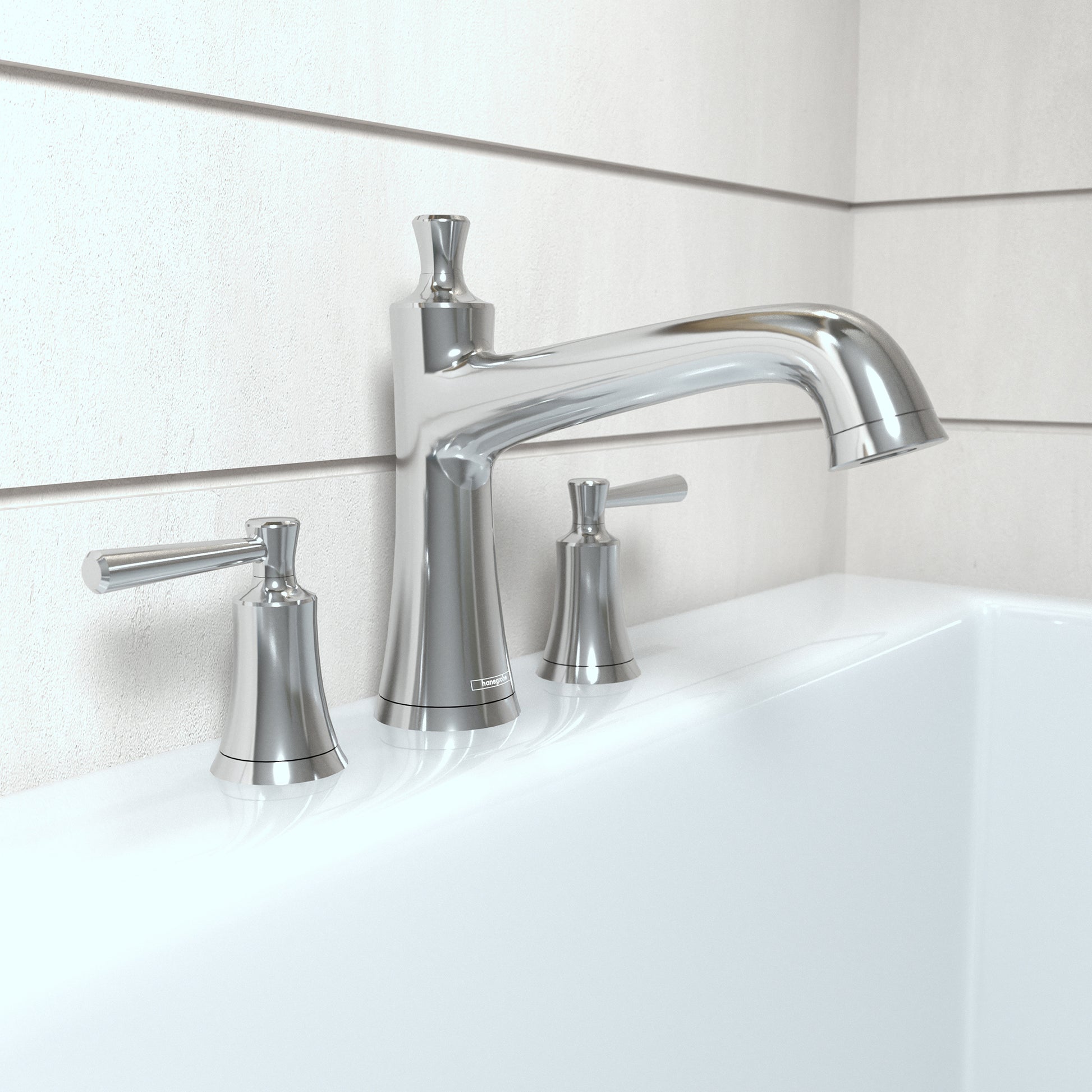 Chrome three-hole roman tub faucet with curved spout and two lever handles mounted on white tile surround.