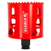 Red Diablo hole saw with serrated cutting edges and black arbor shaft attached to base.
