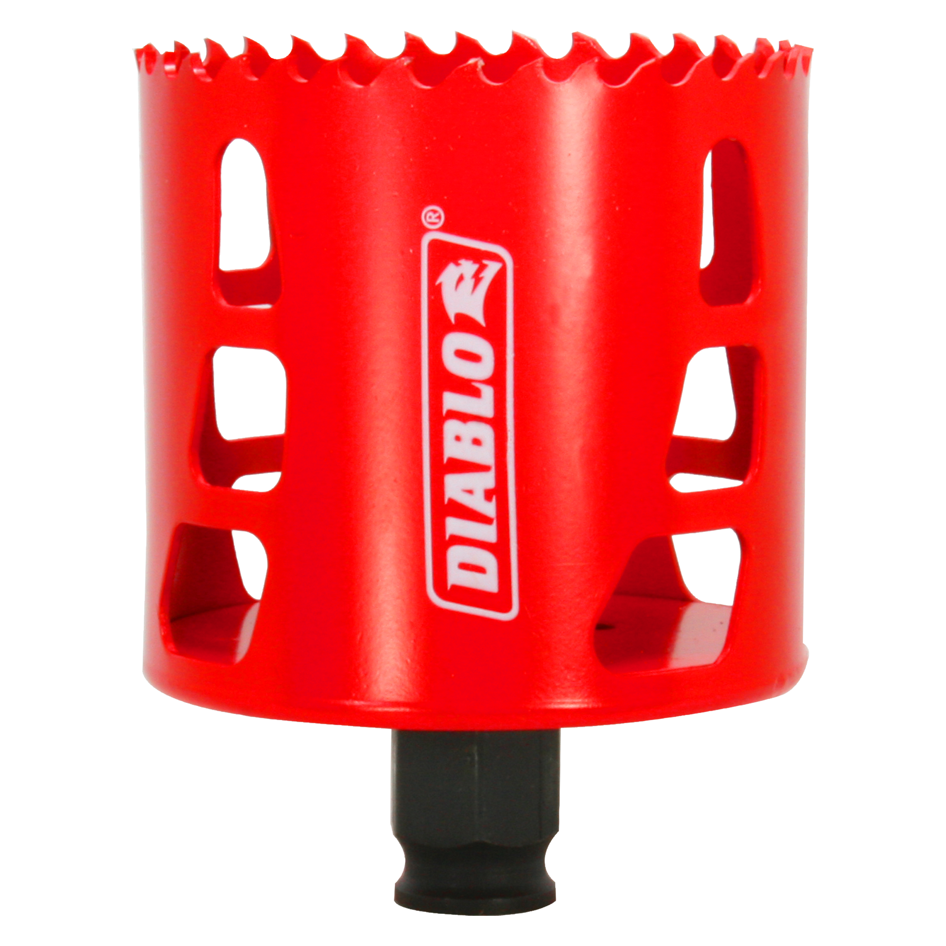 Red Diablo hole saw with serrated cutting edges and black arbor shaft attached to base.