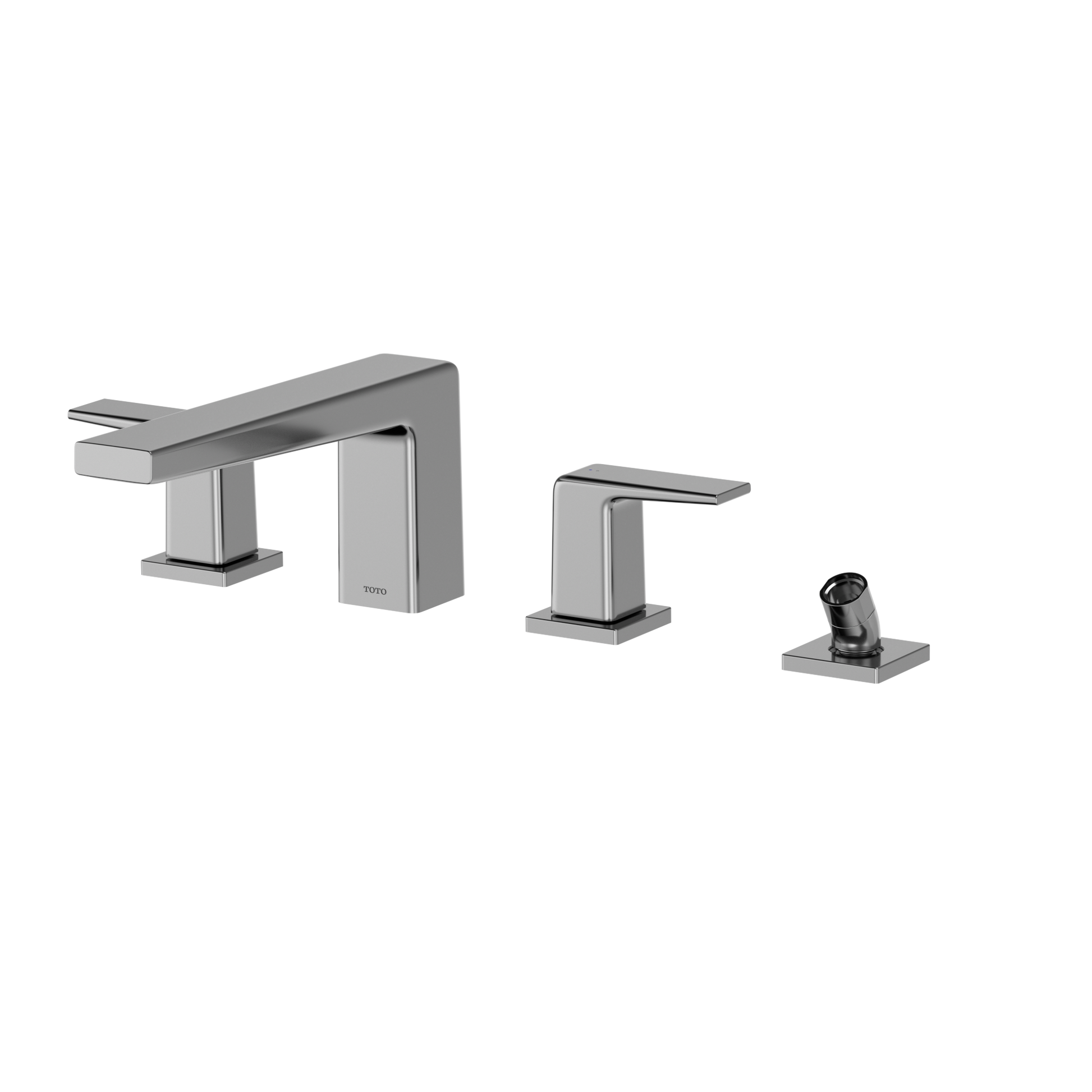 Polished chrome two-handle deck-mount roman tub filler with separate handshower attachment.