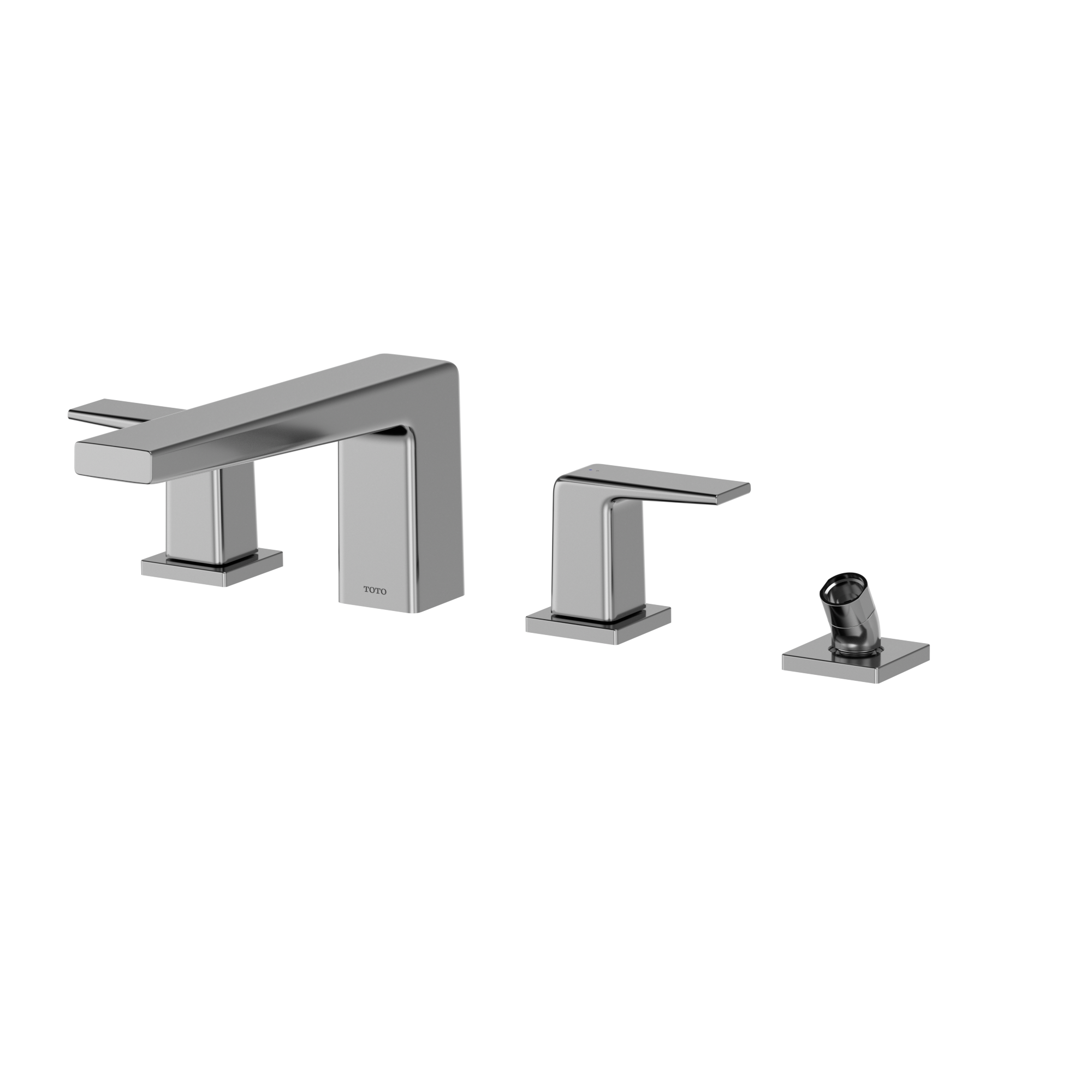 Polished chrome two-handle deck-mount roman tub filler with separate handshower attachment.