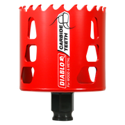 Red carbide-tipped holesaw with jagged cutting edge, black shank, labeled "Diablo Carbide Teeth For Wood & Metal."