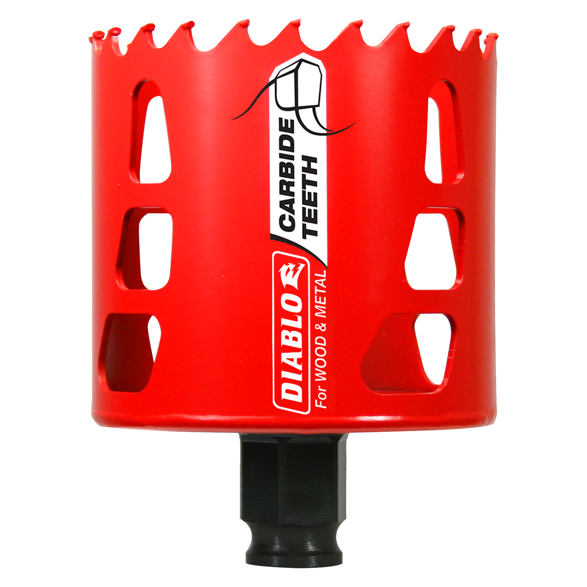 Red carbide-tipped holesaw with jagged cutting edge, black shank, labeled "Diablo Carbide Teeth For Wood & Metal."