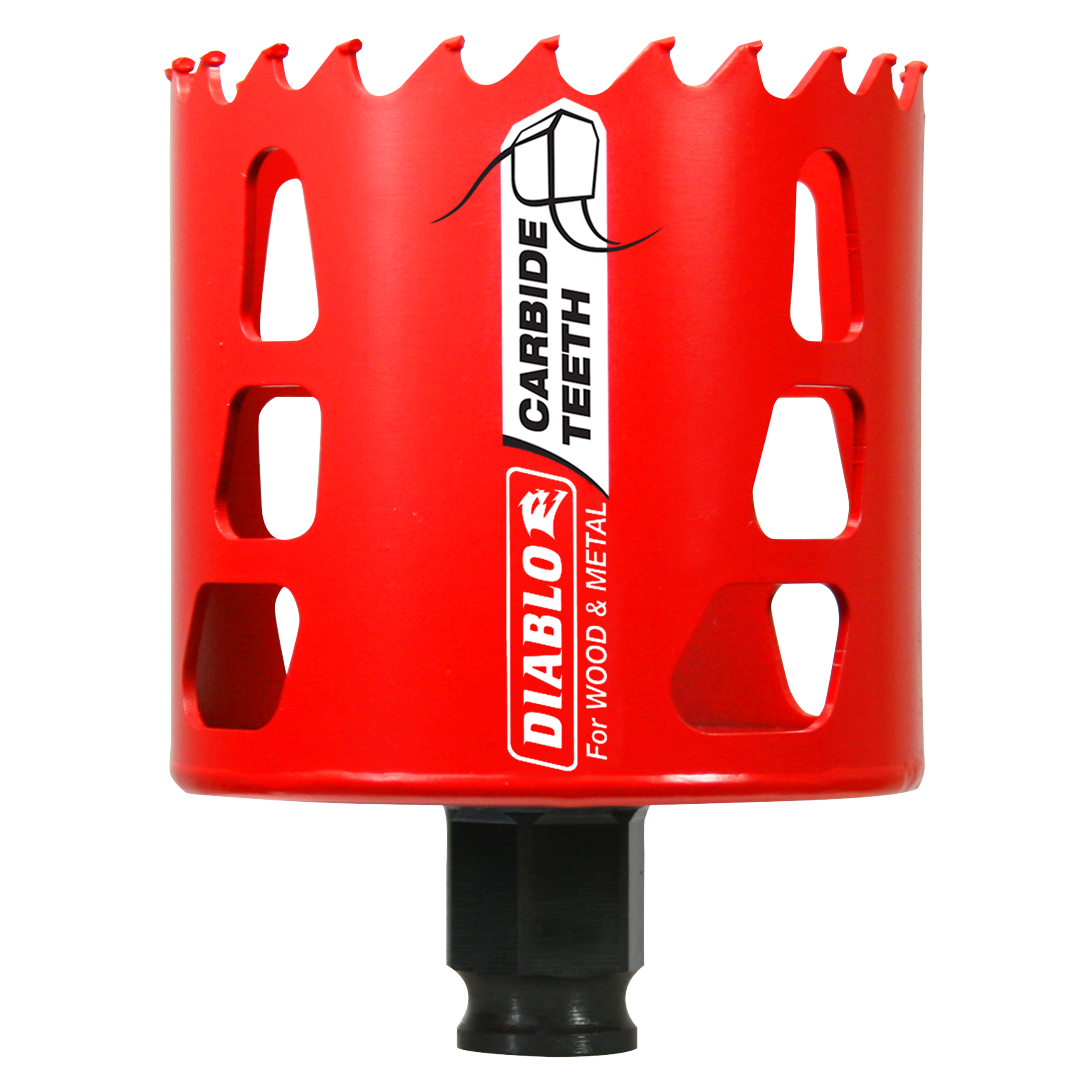 Red carbide-tipped holesaw with jagged cutting edge, black shank, labeled "Diablo Carbide Teeth For Wood & Metal."