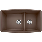 Cafe-colored undermount double bowl kitchen sink with low divide and chrome drain strainers.