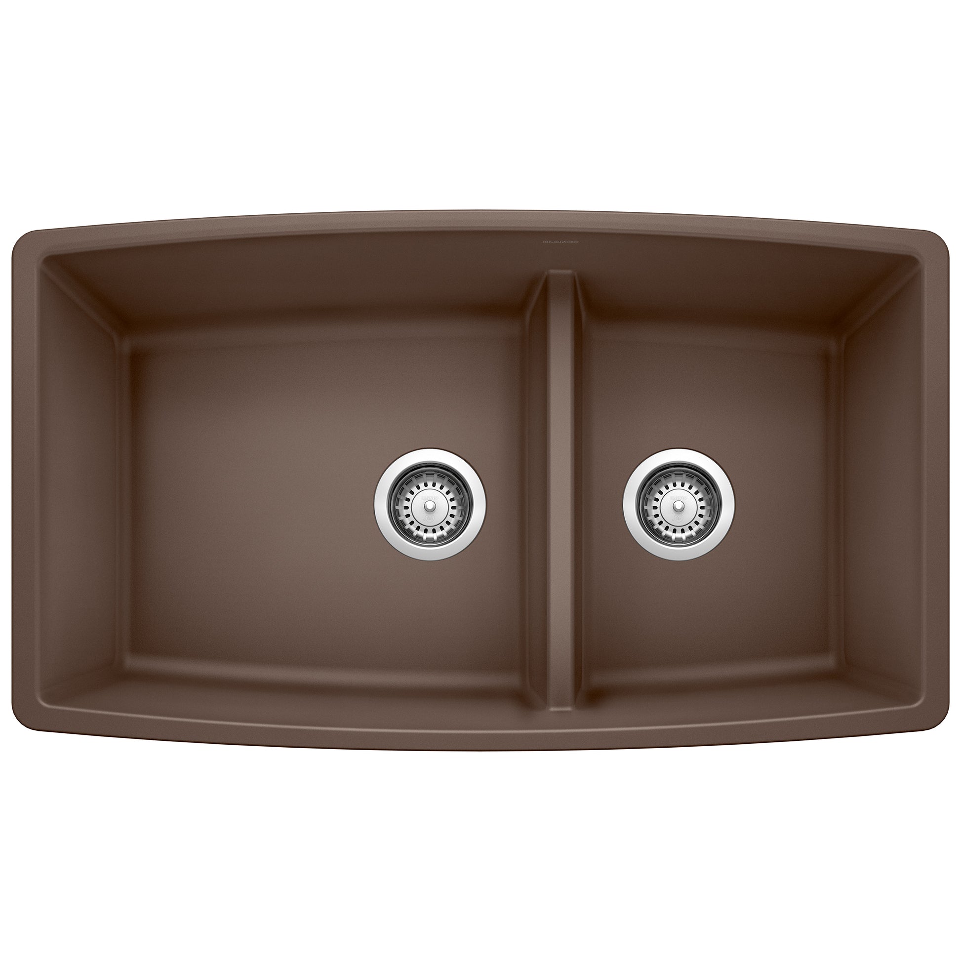 Cafe-colored undermount double bowl kitchen sink with low divide and chrome drain strainers.