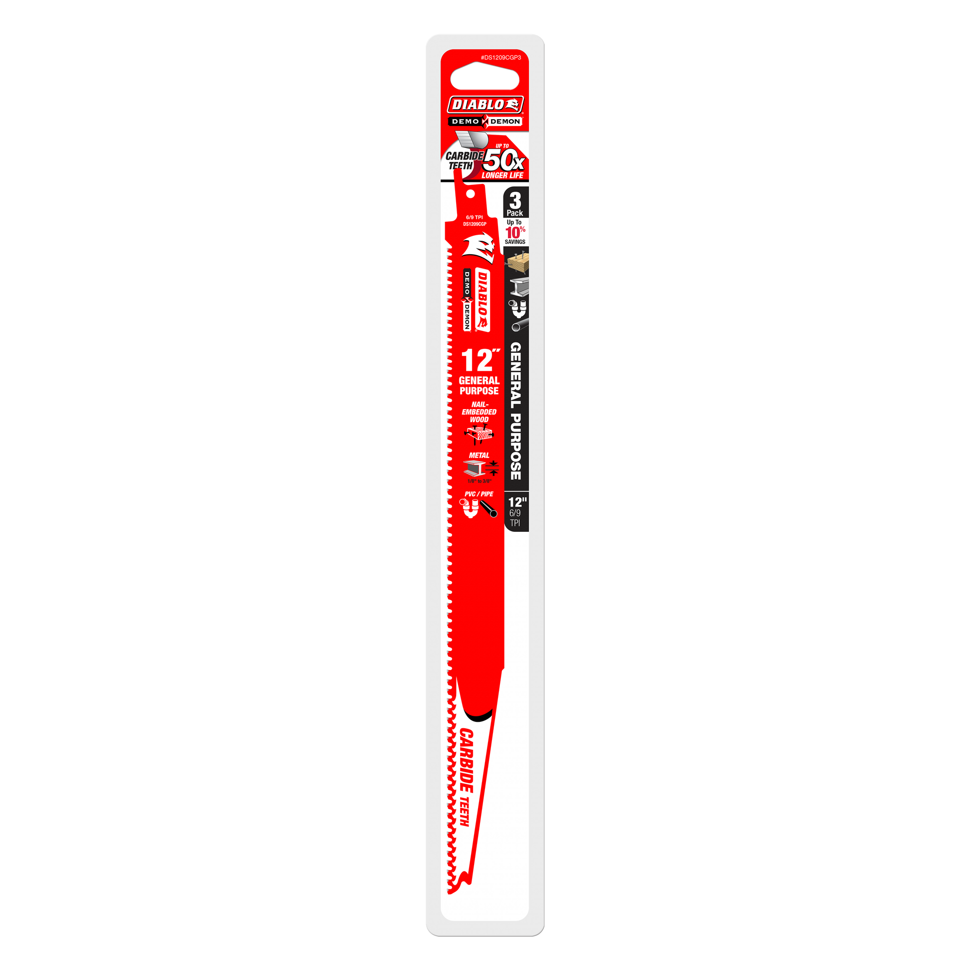 Three 12-inch Diablo Demo Demon carbide reciprocating saw blades with red handles in white packaging.
