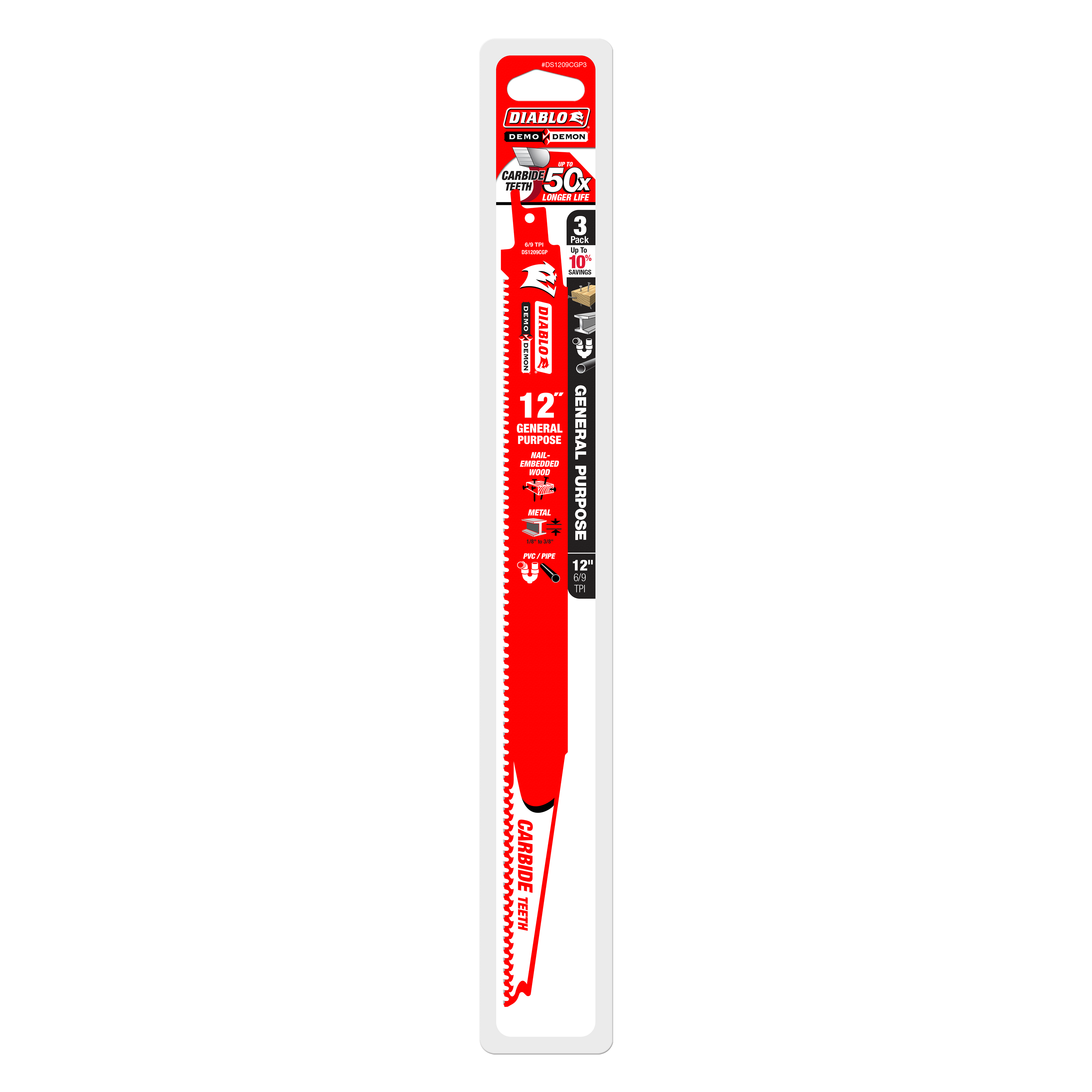 Three 12-inch Diablo Demo Demon carbide reciprocating saw blades with red handles in white packaging.
