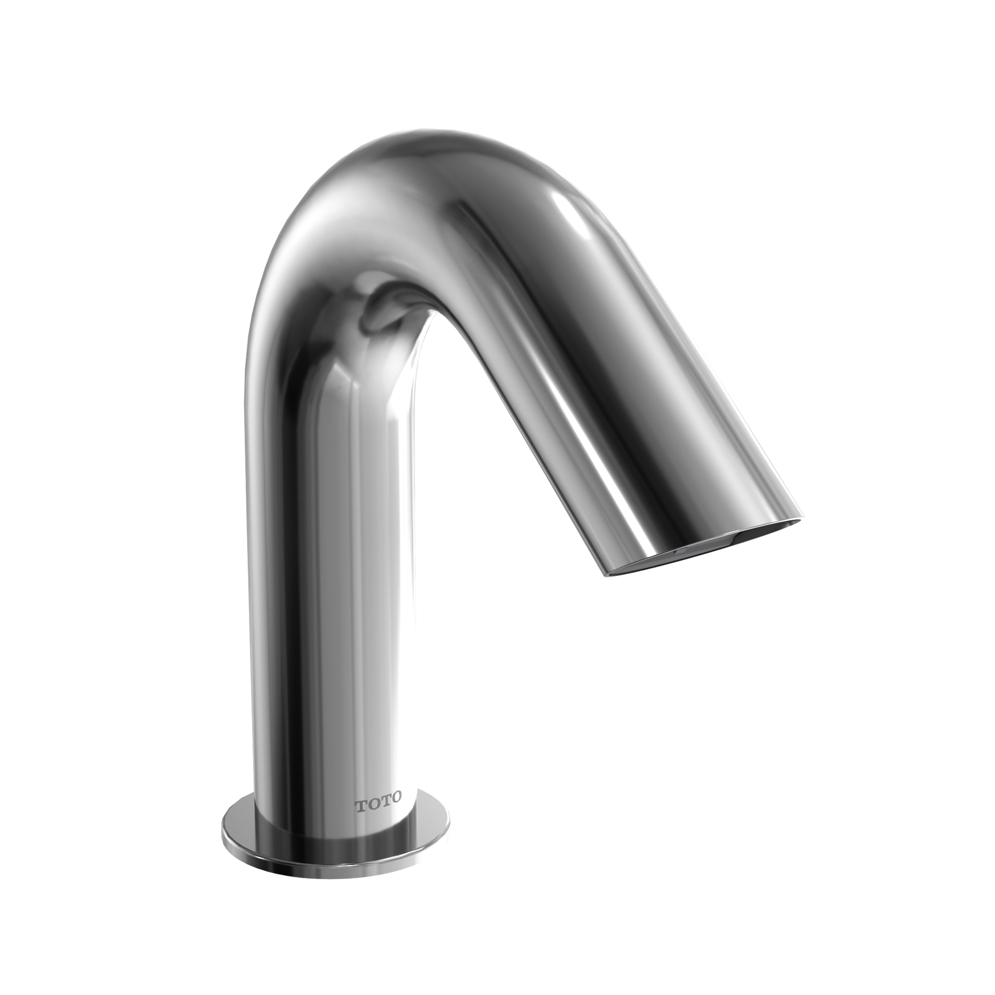Polished chrome touchless bathroom faucet with curved spout and round base.