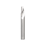 Quarter-inch diameter spiral router bit with upward cutting flutes and straight shank.