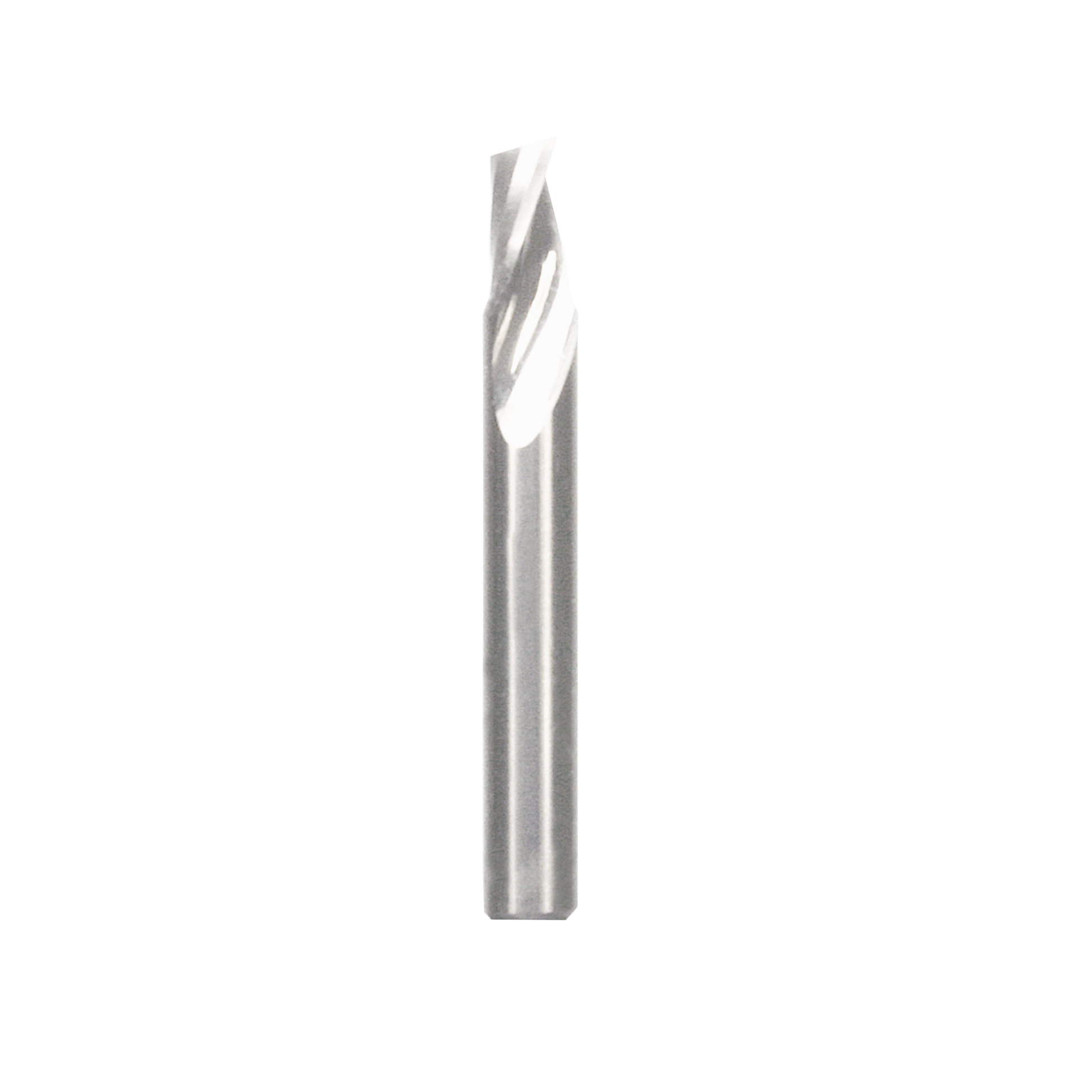 Quarter-inch diameter spiral router bit with upward cutting flutes and straight shank.