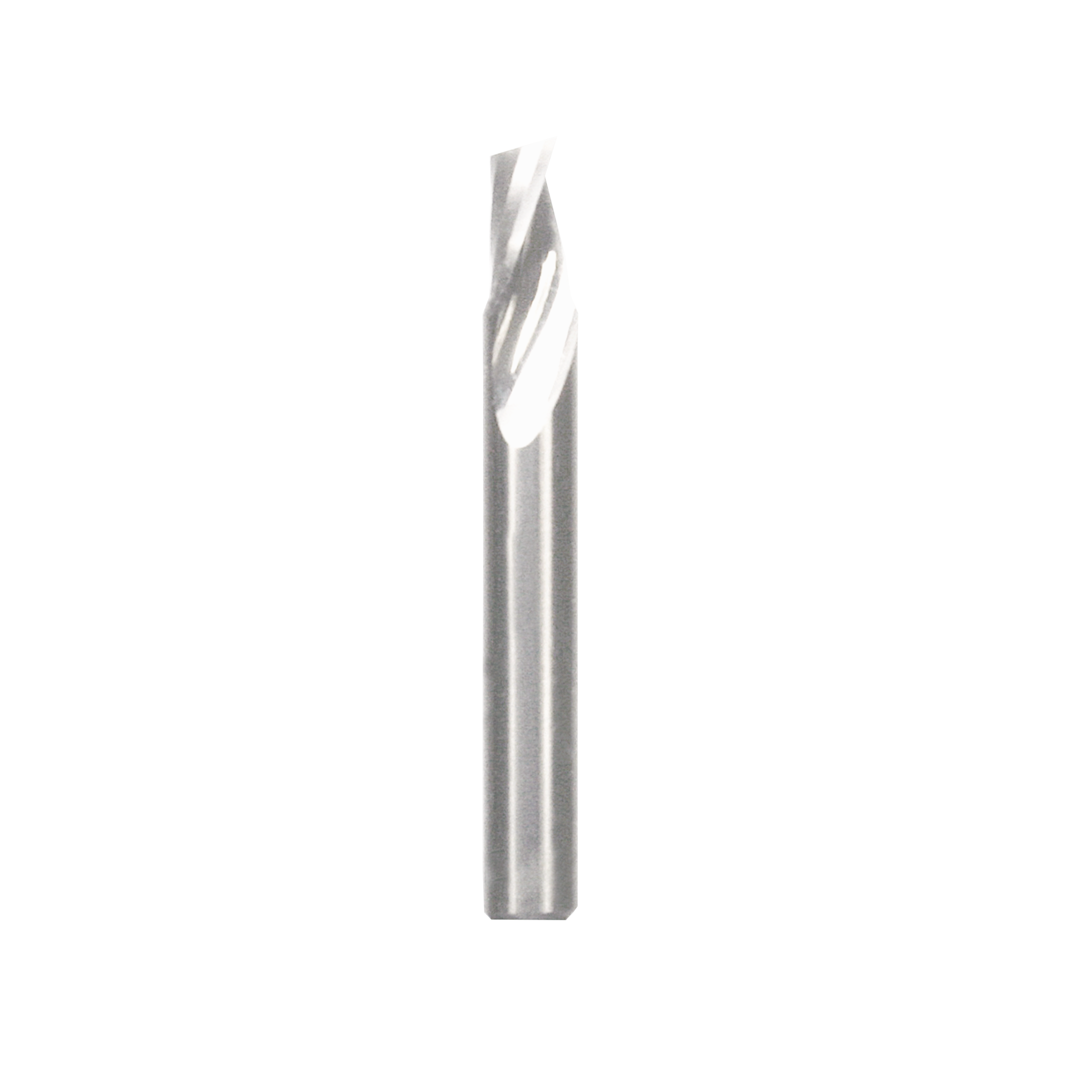 Quarter-inch diameter spiral router bit with upward cutting flutes and straight shank.