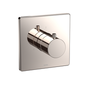 Polished nickel square shower diverter trim with cylindrical valve body and two outlet ports against rectangular escutcheon p