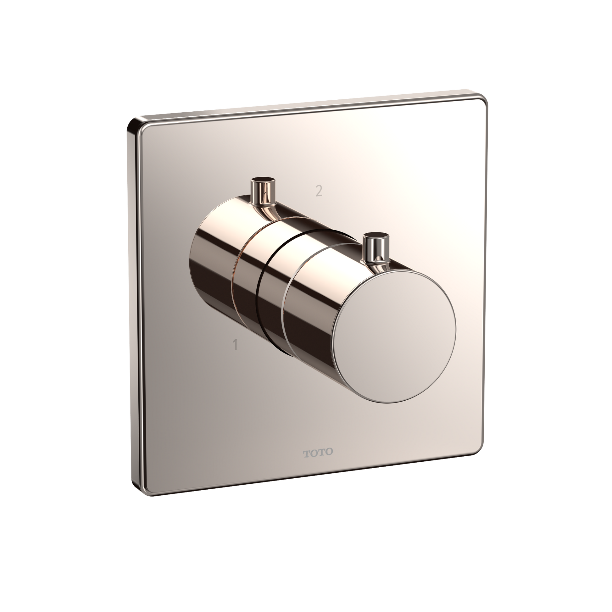 Polished nickel square shower diverter trim with cylindrical valve body and two outlet ports against rectangular escutcheon p