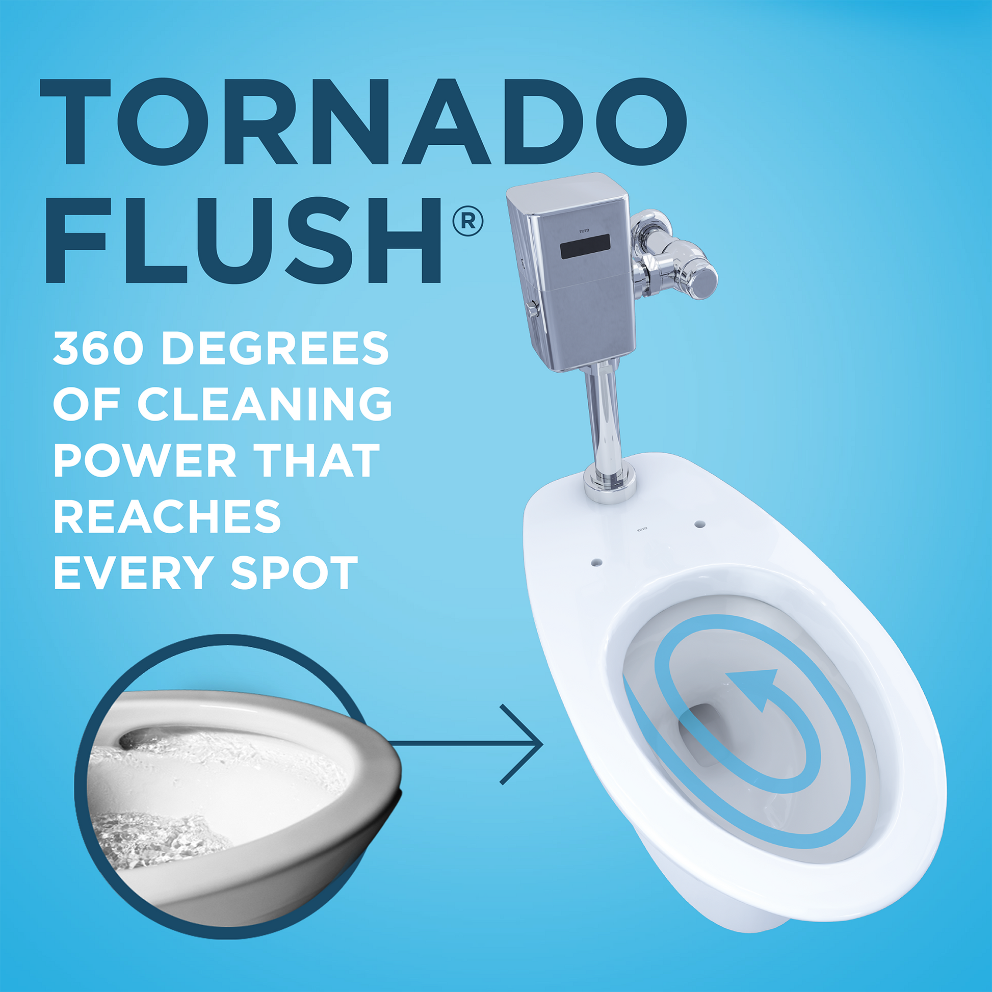 White elongated toilet bowl with chrome flushometer mounted on top, shown from above against blue background.