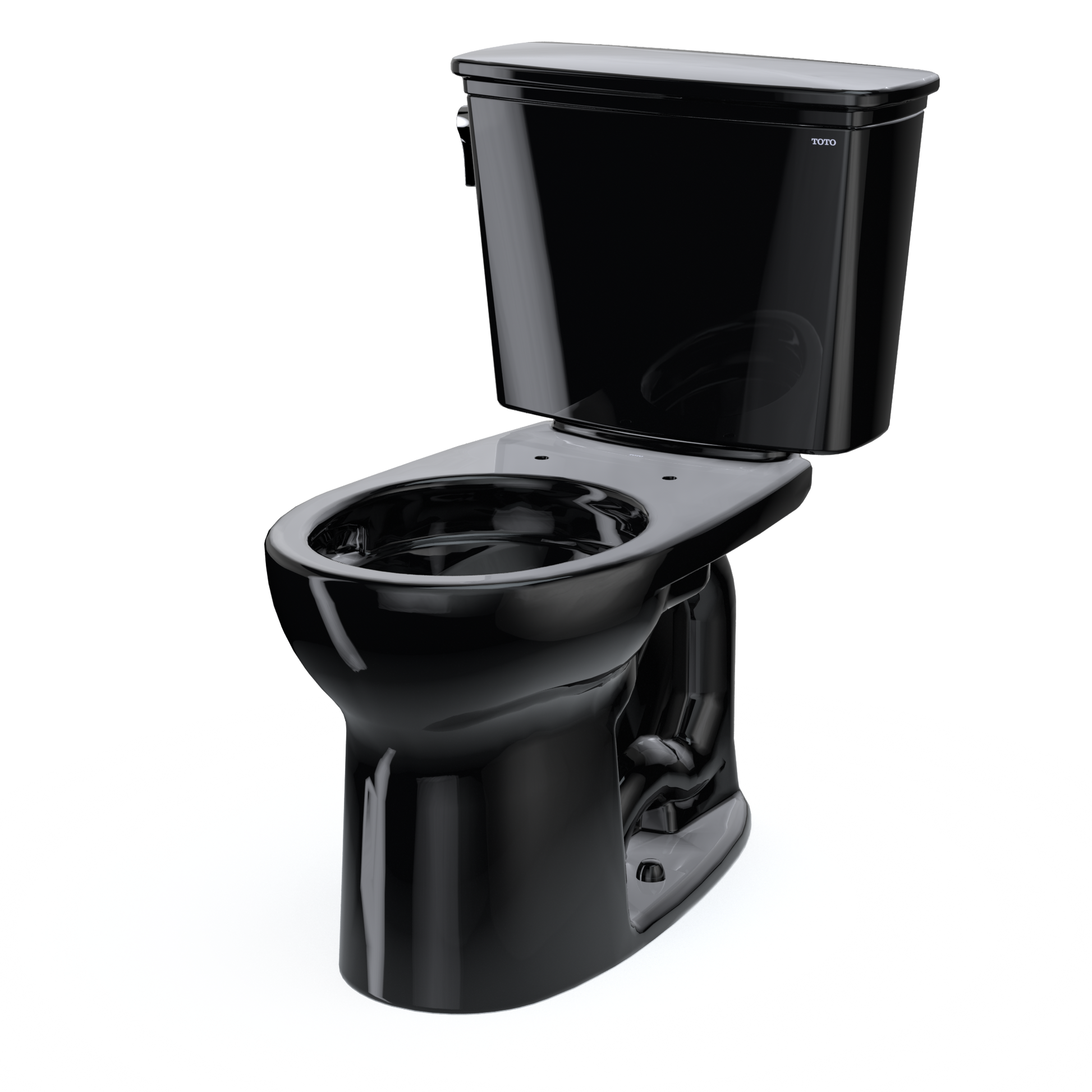 Black two-piece toilet with round bowl, matching tank, and chrome trim, shown without seat.