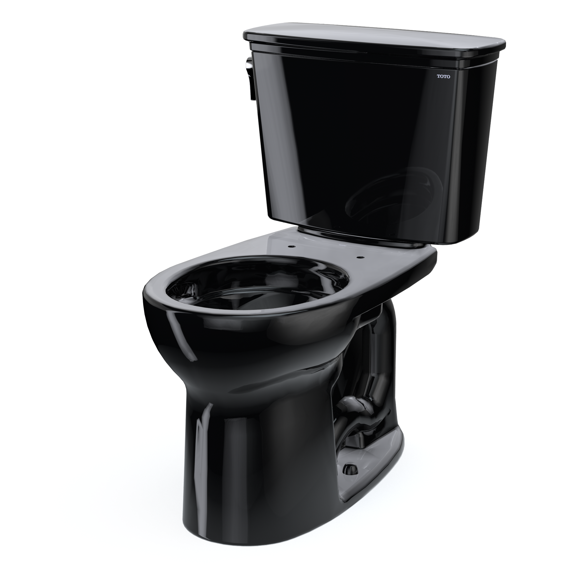 Black two-piece toilet with round bowl, matching tank, and chrome trim, shown without seat.