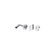 Polished chrome wall mount shower arm with curved design and matching mounting flanges.