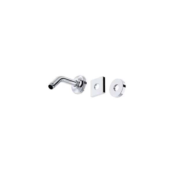 Polished chrome wall mount shower arm with curved design and matching mounting flanges.