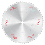 Freud carbide-tipped circular saw blade with silver finish, white center hole, and red wavy markings around the perimeter.