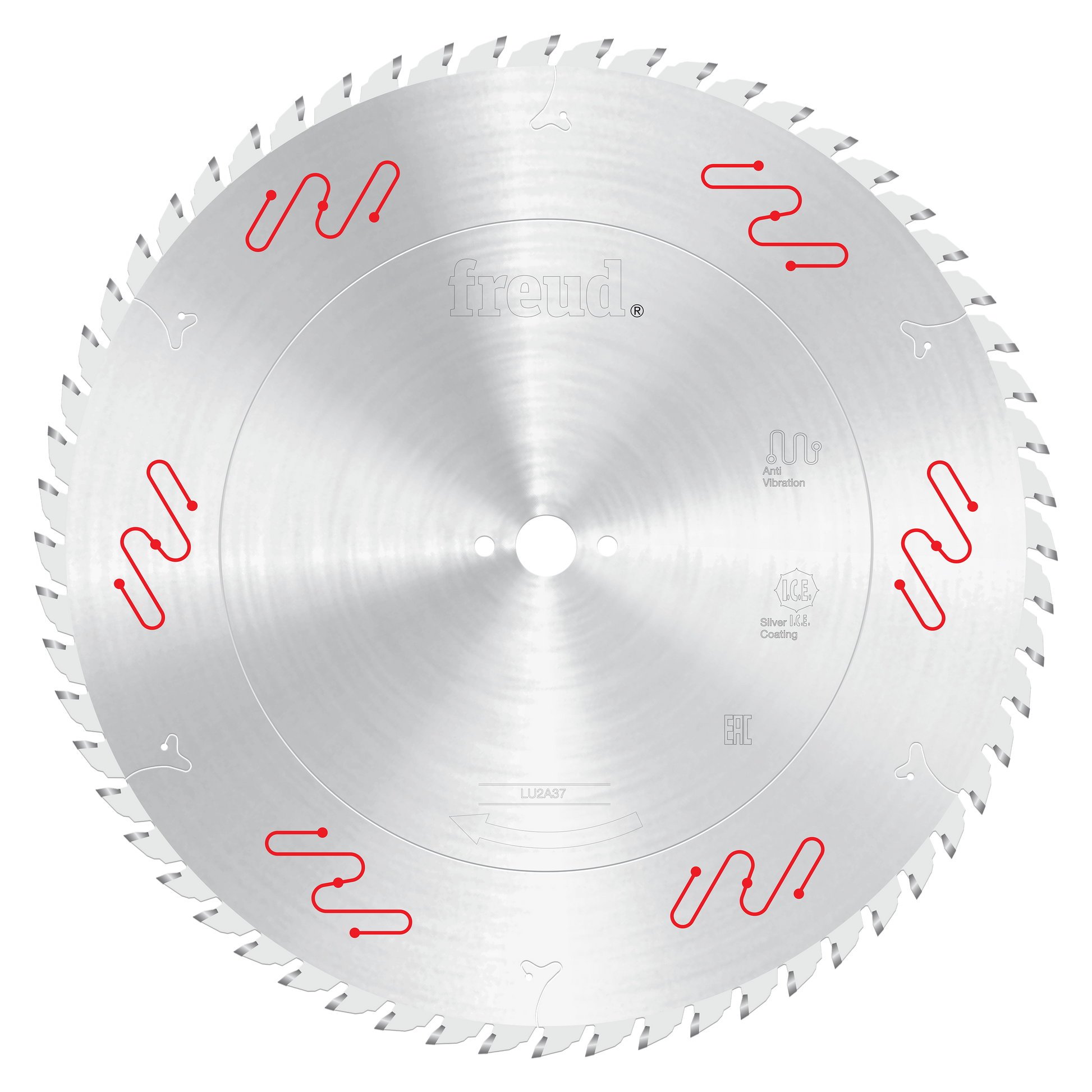 Freud carbide-tipped circular saw blade with silver finish, white center hole, and red wavy markings around the perimeter.