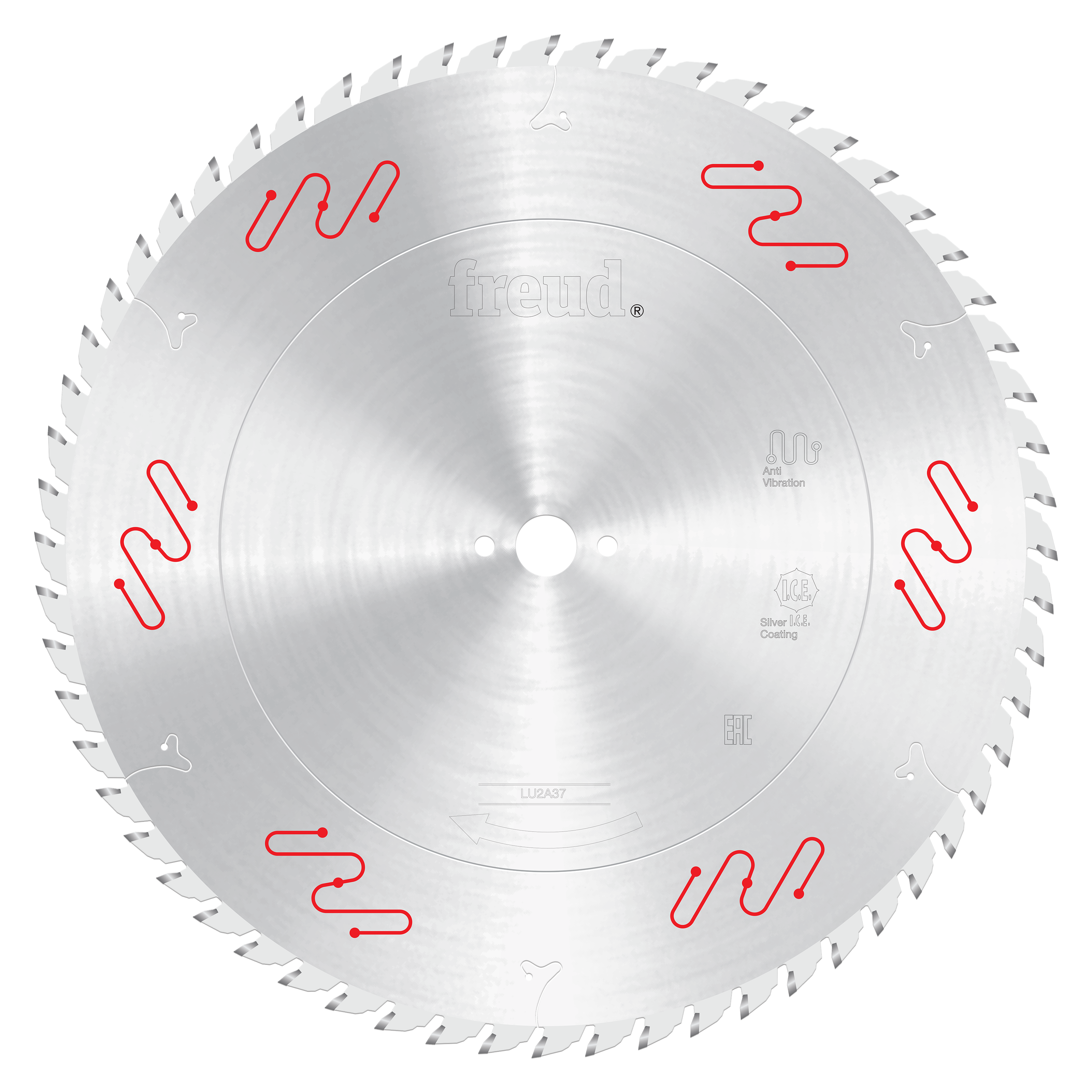 Freud carbide-tipped circular saw blade with silver finish, white center hole, and red wavy markings around the perimeter.