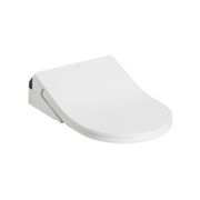 White D-shaped electronic bidet toilet seat with control panel on left side.