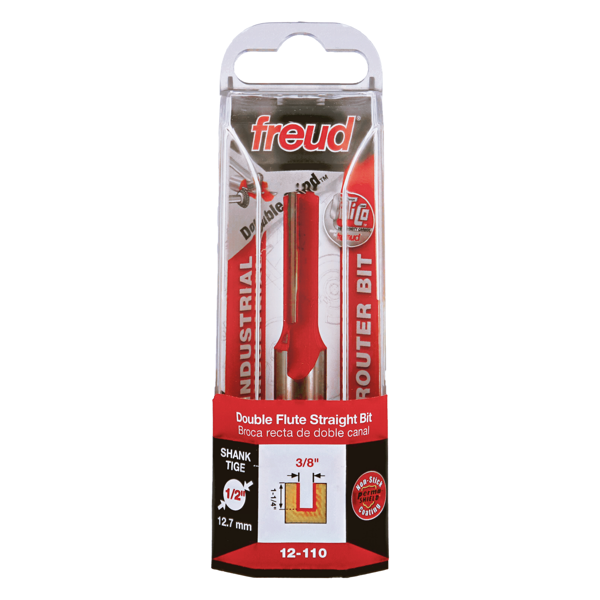 Freud 3/8" diameter double flute straight router bit with red body and 1/2" shank in clear plastic packaging.