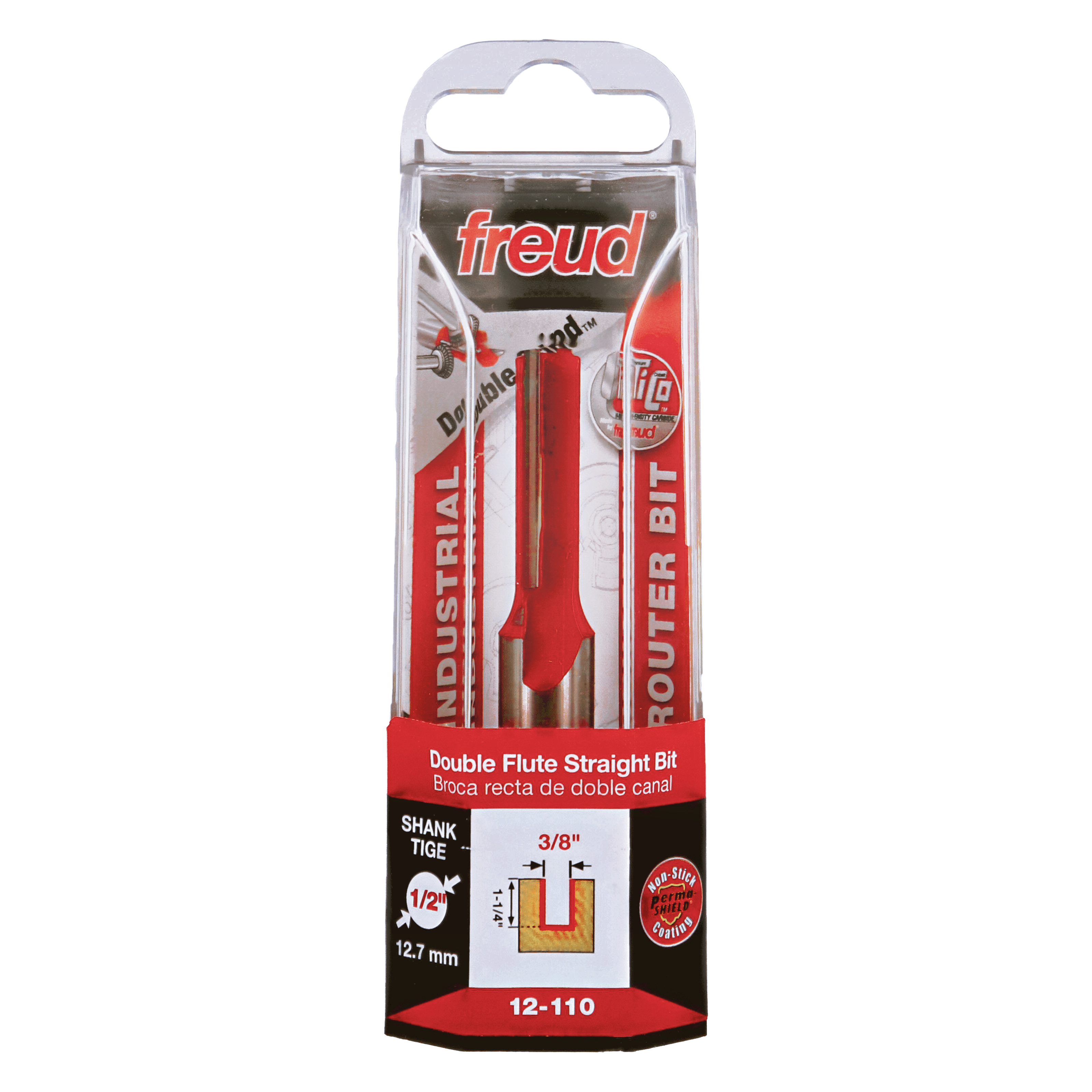 Freud 3/8" diameter double flute straight router bit with red body and 1/2" shank in clear plastic packaging.