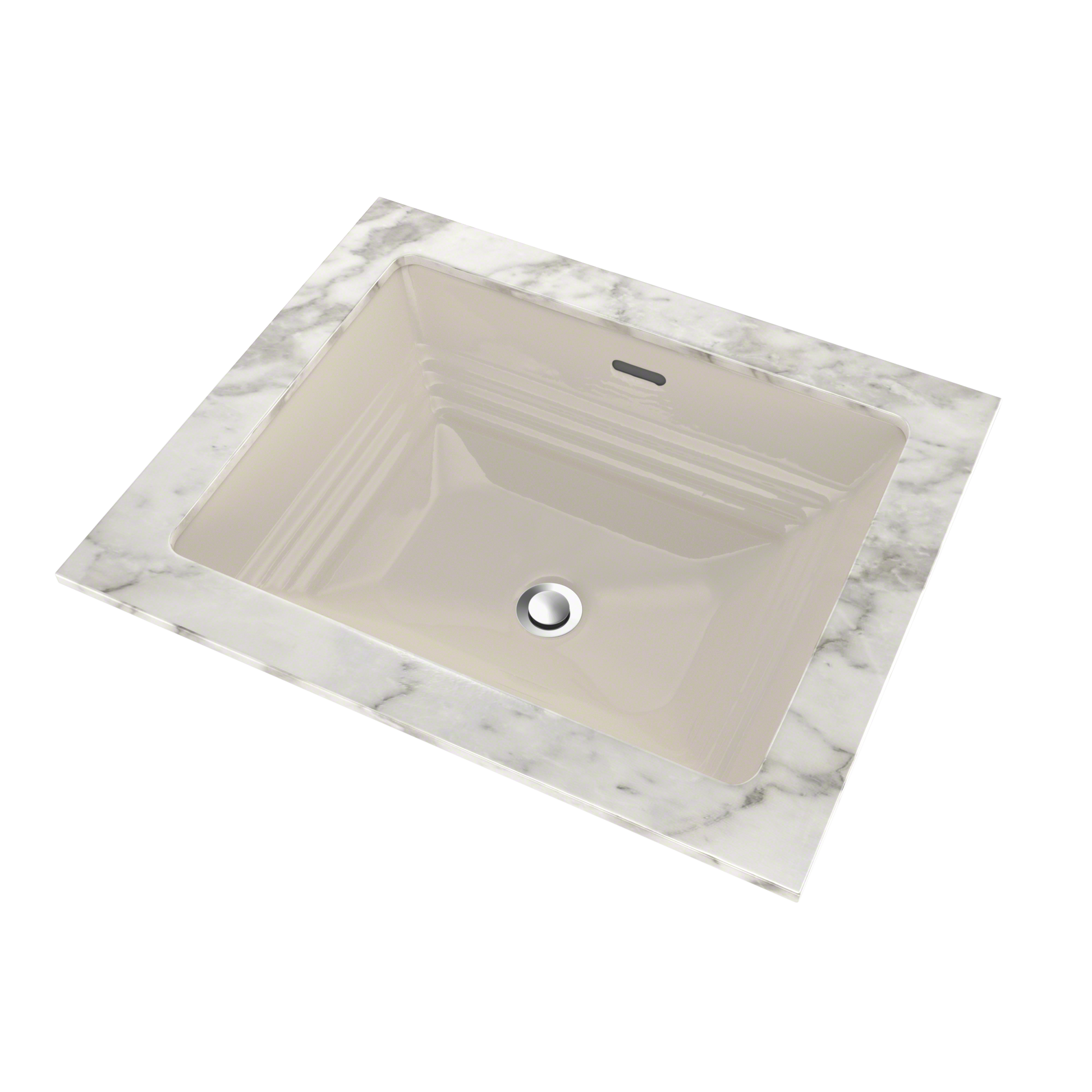 Rectangular undermount bathroom sink in sedona beige with ribbed interior and chrome drain fitting on white marble countertop