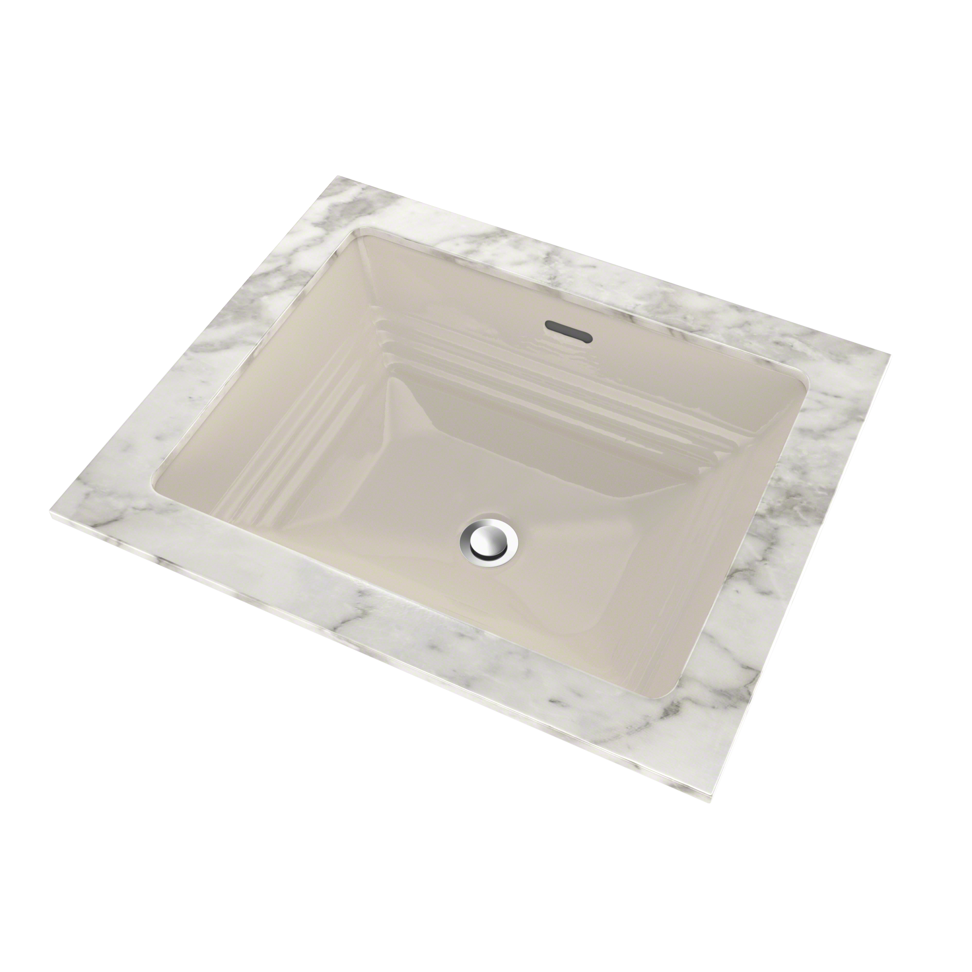 Rectangular undermount bathroom sink in sedona beige with ribbed interior and chrome drain fitting on white marble countertop
