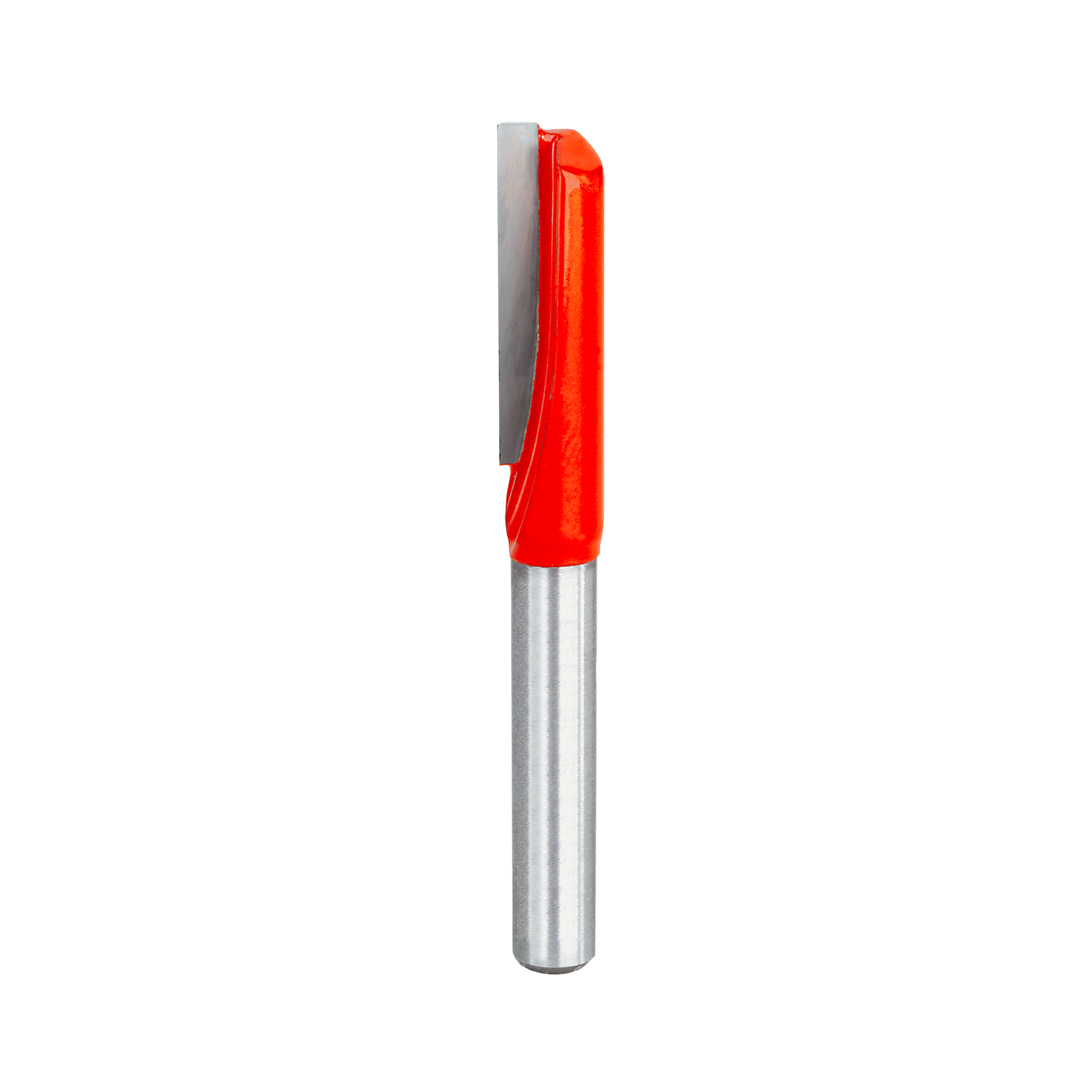 Straight router bit with red plastic handle and single cutting flute on metal shaft.