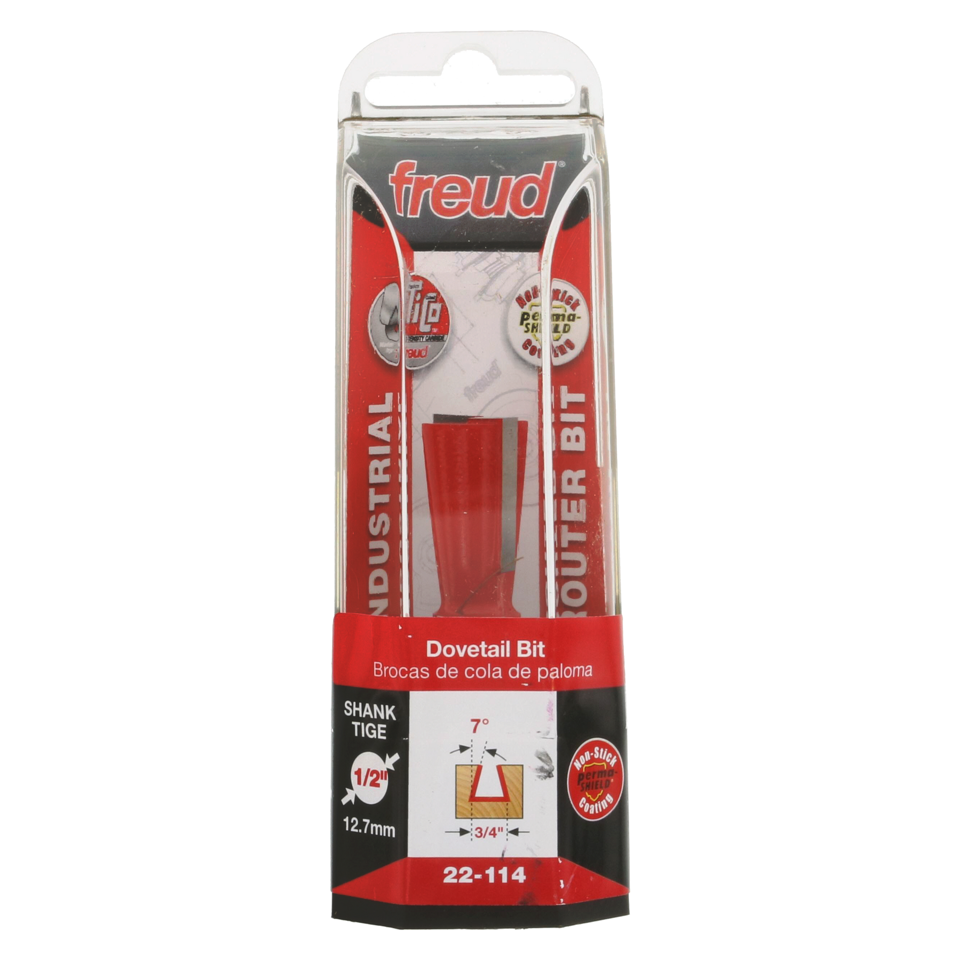 Freud 22-114 dovetail router bit with 1/2" shank in clear plastic clamshell packaging.